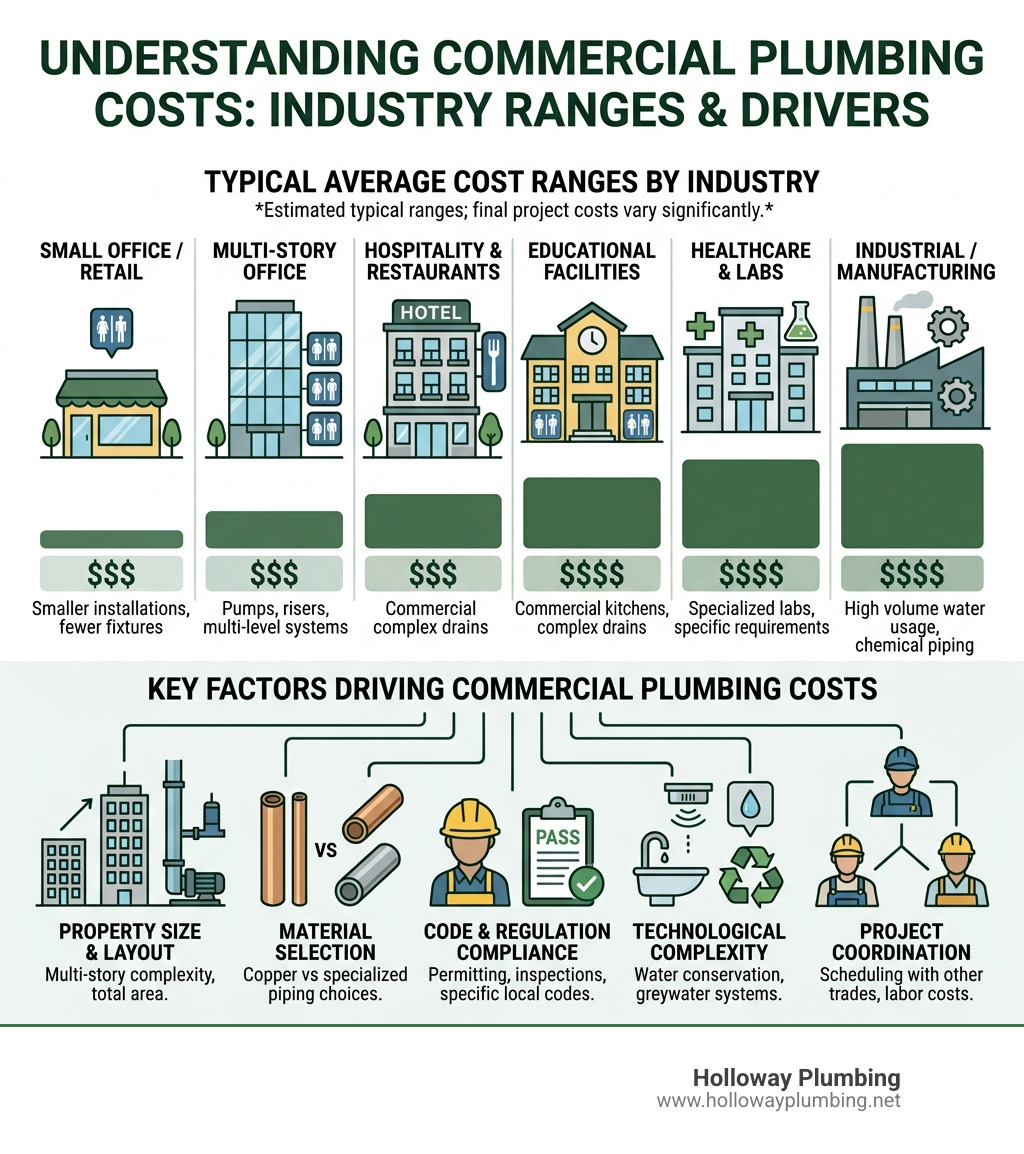 Infographic showing the average cost ranges for commercial plumbing projects by industry and the factors that drive those Infographic showing the average cost ranges for commercial plumbing projects by industry and the factors that drive those
