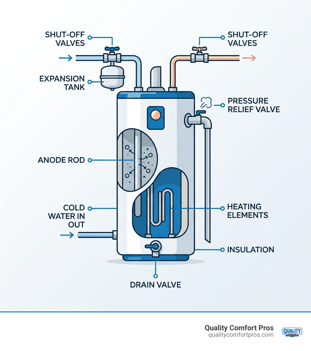 Diagram of water tank system components including pressure valve, anode rod, expansion tank, and shut-off valves - replace