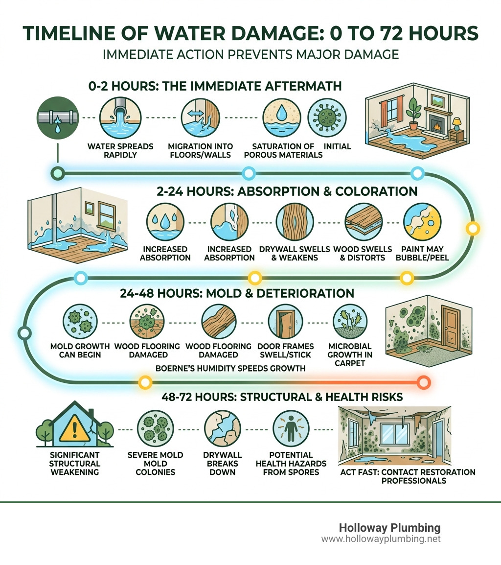 Timeline infographic showing water damage effects from 0 to 72 hours including structural damage and mold growth - boerne Timeline infographic showing water damage effects from 0 to 72 hours including structural damage and mold growth - boerne
