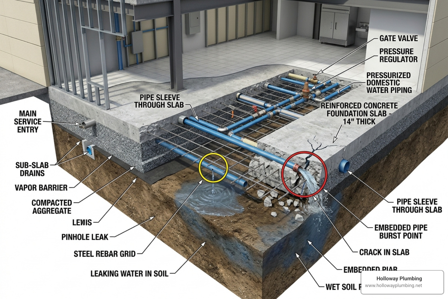 Diagram of a commercial concrete foundation showing the placement of plumbing lines and potential leak points - commercial Diagram of a commercial concrete foundation showing the placement of plumbing lines and potential leak points - commercial