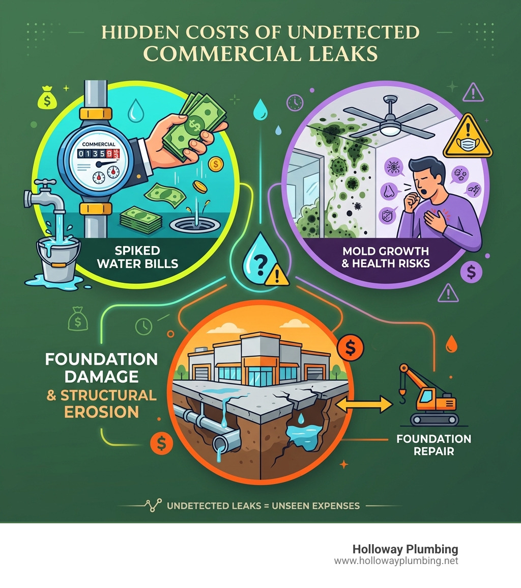 Infographic showing hidden costs of undetected commercial leaks including water bills, mold, and foundation damage Infographic showing hidden costs of undetected commercial leaks including water bills, mold, and foundation damage