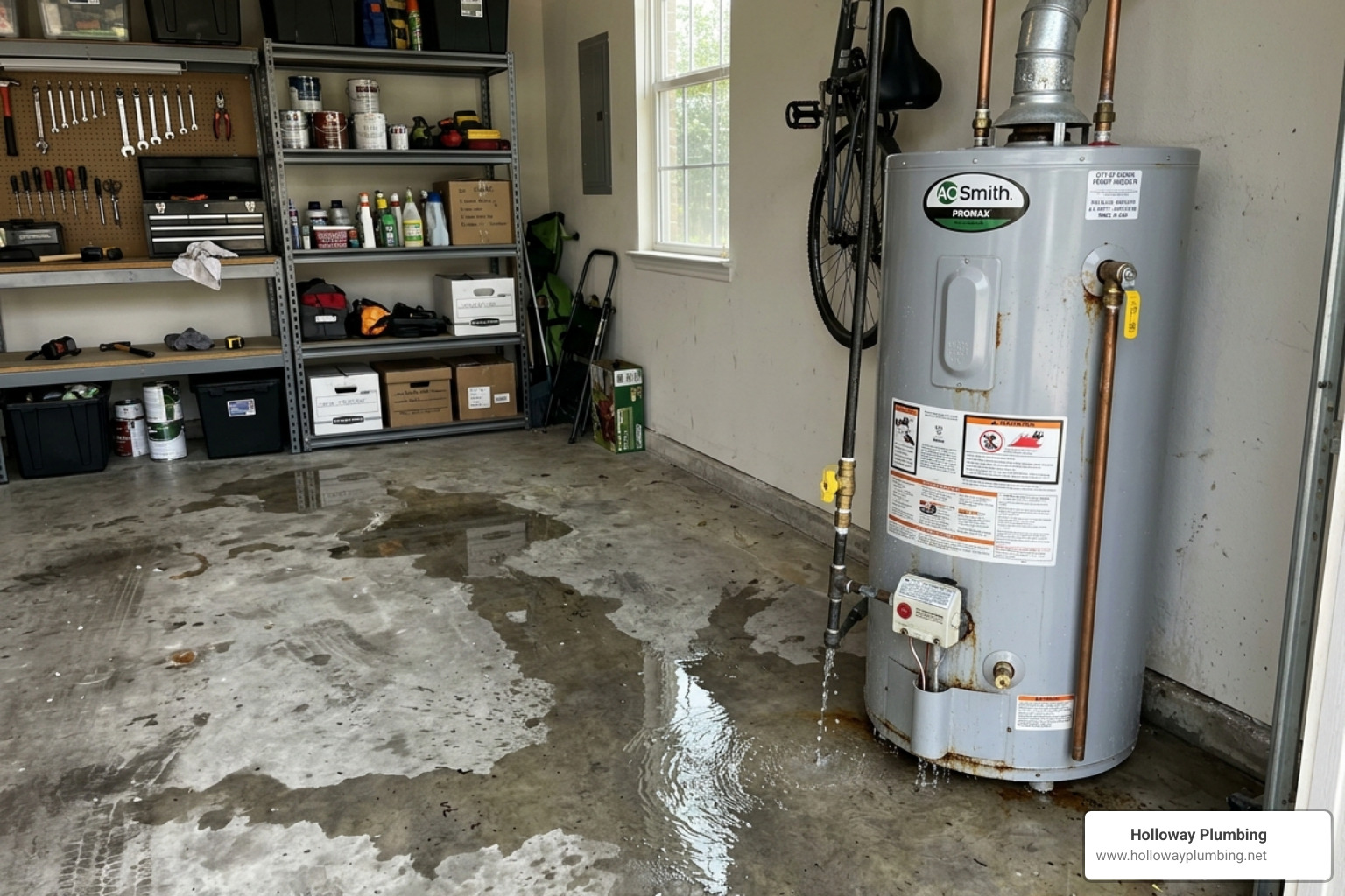 A leaking water heater in a Boerne garage causing puddles on the floor - boerne water damage repair A leaking water heater in a Boerne garage causing puddles on the floor - boerne water damage repair