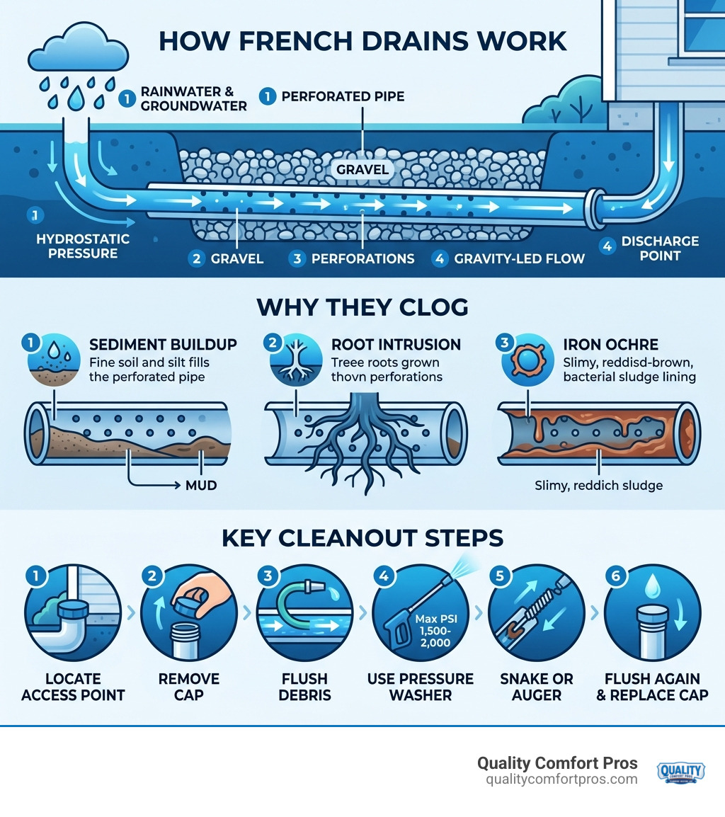How French drains work, why they clog, and key cleanout steps infographic - french drain cleanout infographic 