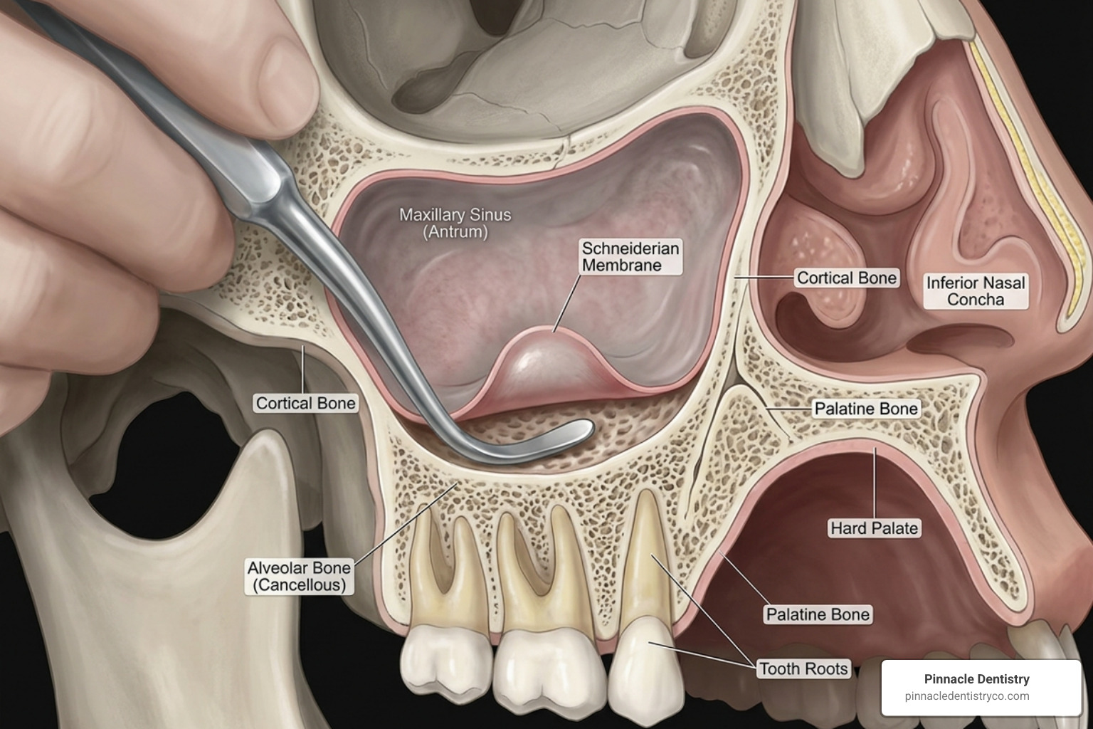 Illustration of the sinus membrane being gently elevated to create space for bone graft material - sinus lift implant