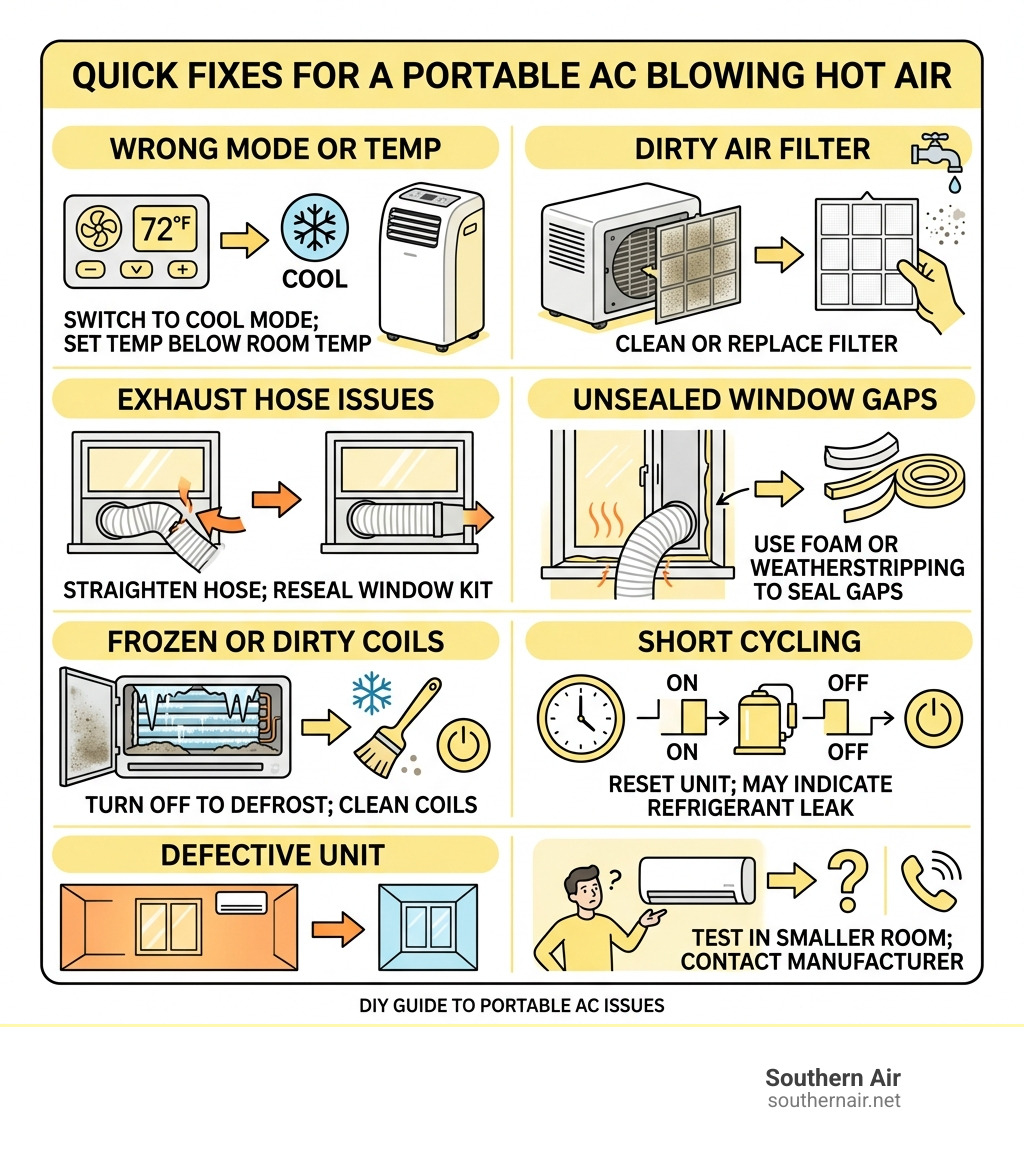 Causes of portable AC blowing hot air and quick fixes infographic - portable AC blowing hot air infographic Causes of portable AC blowing hot air and quick fixes infographic - portable AC blowing hot air infographic