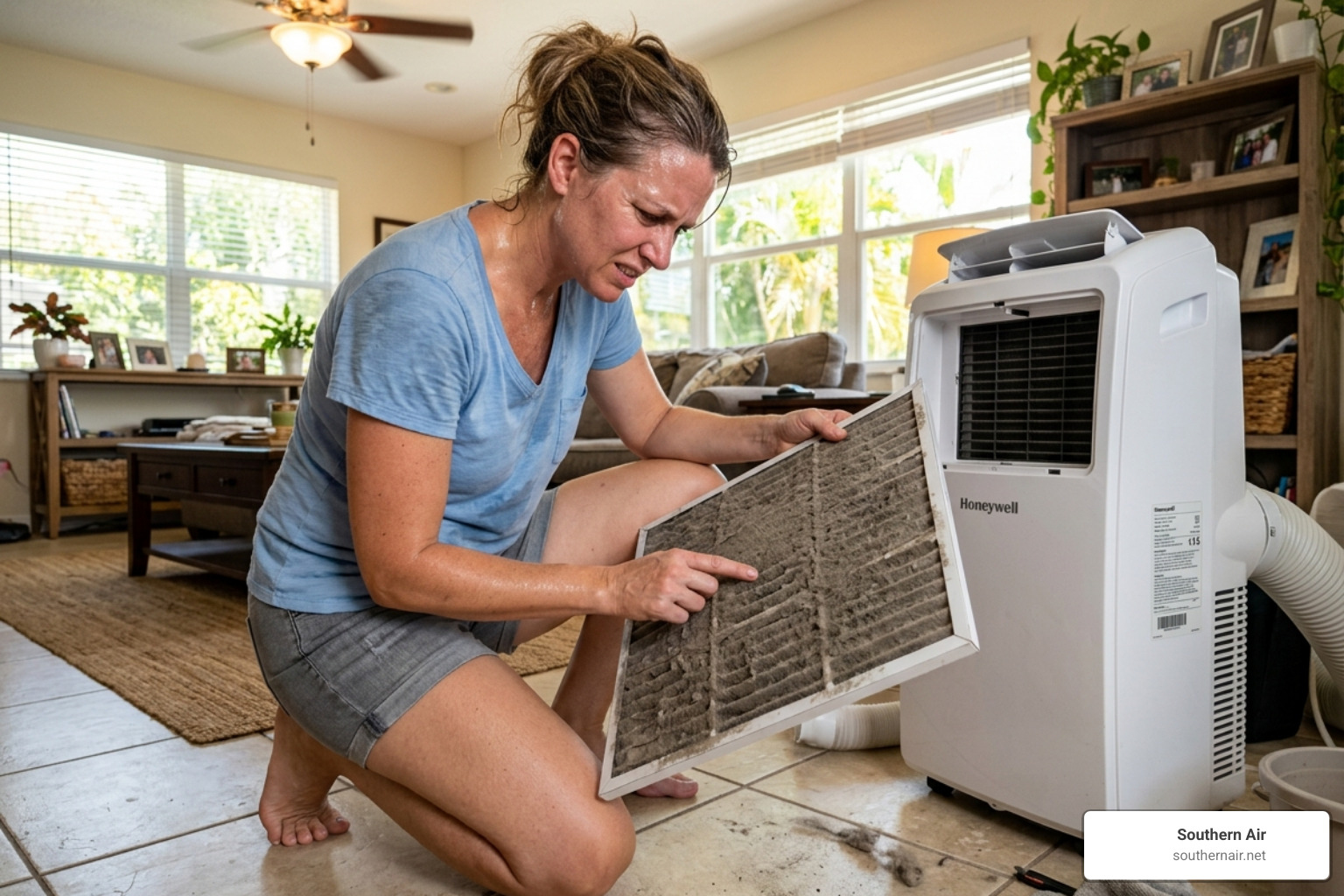 A homeowner looking at a clogged, dusty portable AC filter - portable AC blowing hot air A homeowner looking at a clogged, dusty portable AC filter - portable AC blowing hot air