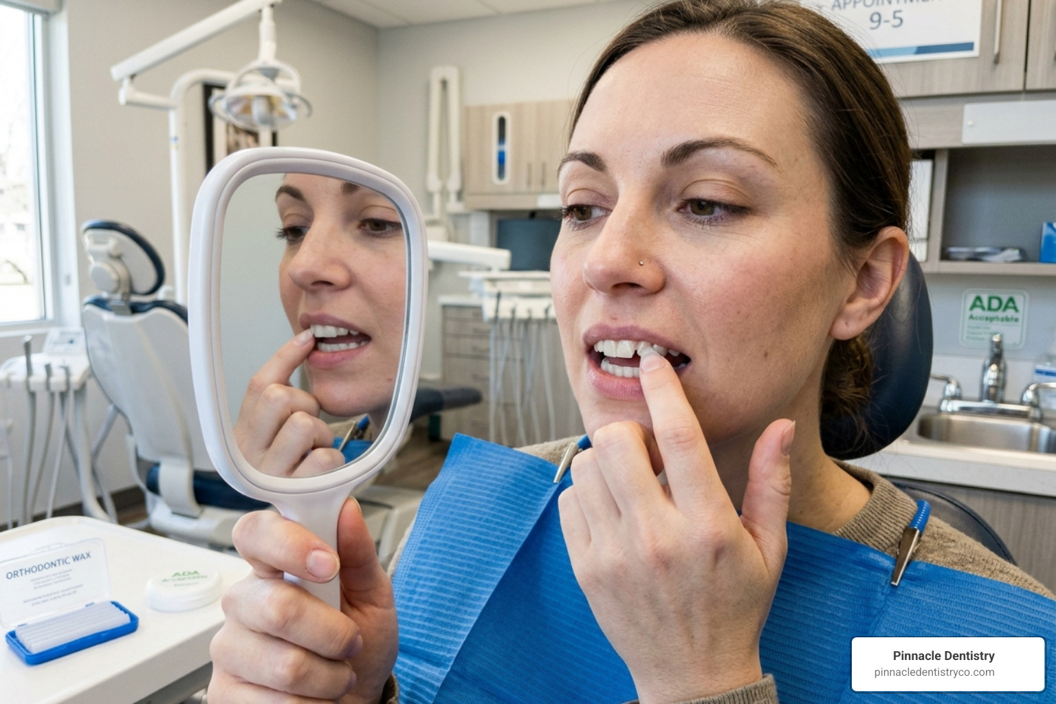 Patient applying dental wax to a sharp chipped tooth - small chip in front tooth