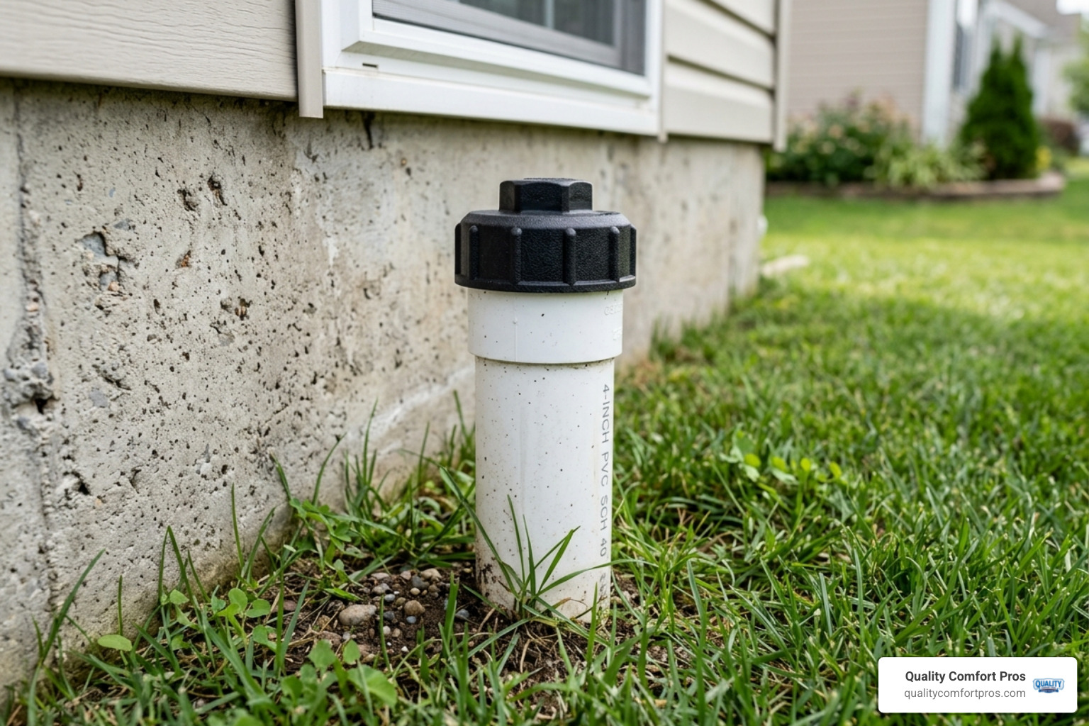 PVC cleanout pipe with a cap showing surface access - french drain cleanout