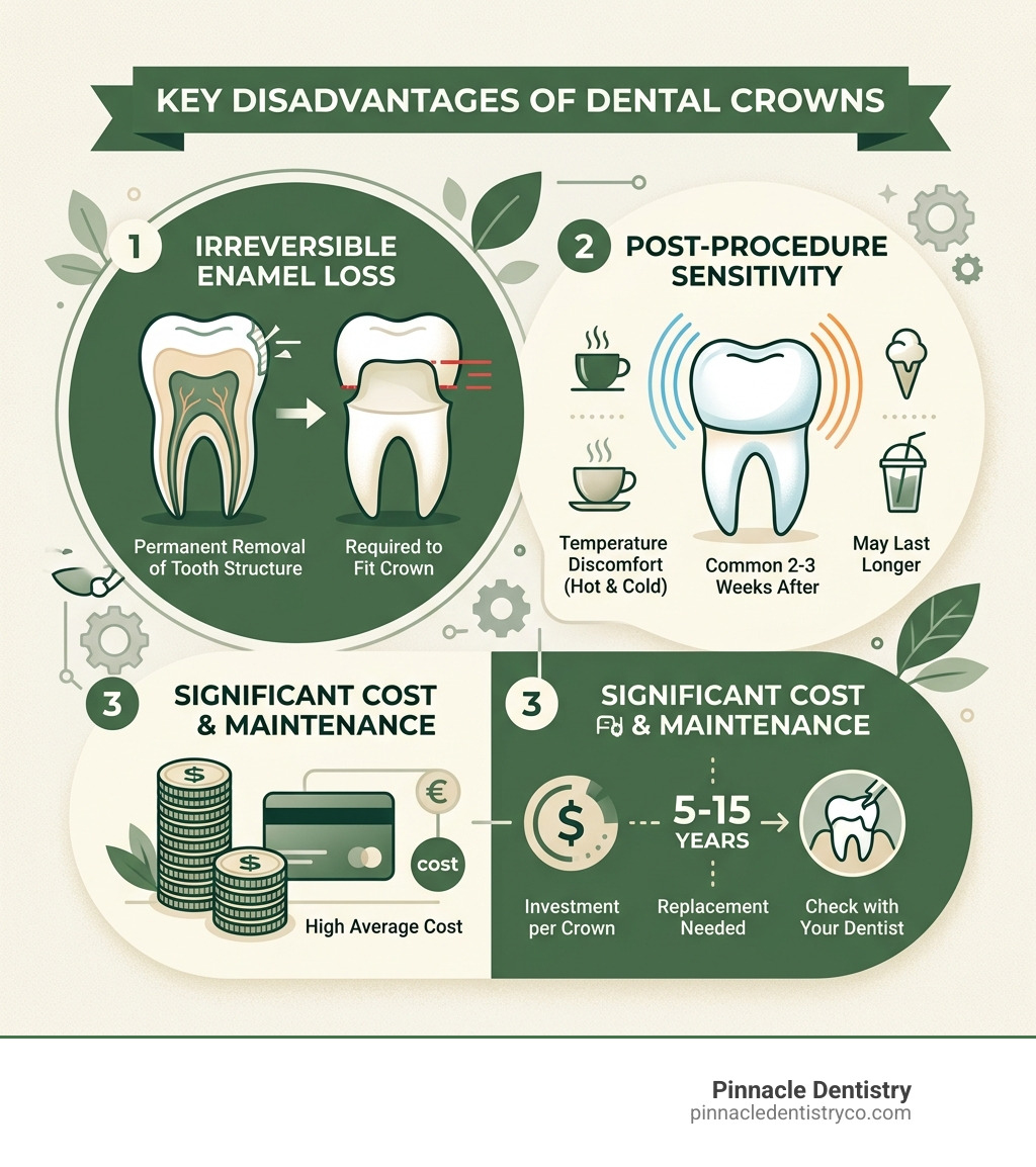 Infographic summarizing the top disadvantages of dental crowns including cost, sensitivity, and enamel loss - disadvantages