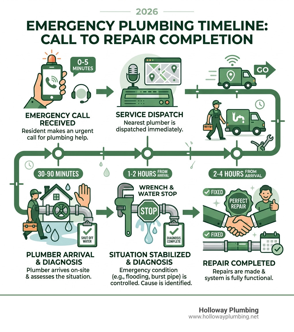 Timeline infographic showing steps from plumbing emergency call to repair completion with response times - emergency Timeline infographic showing steps from plumbing emergency call to repair completion with response times - emergency