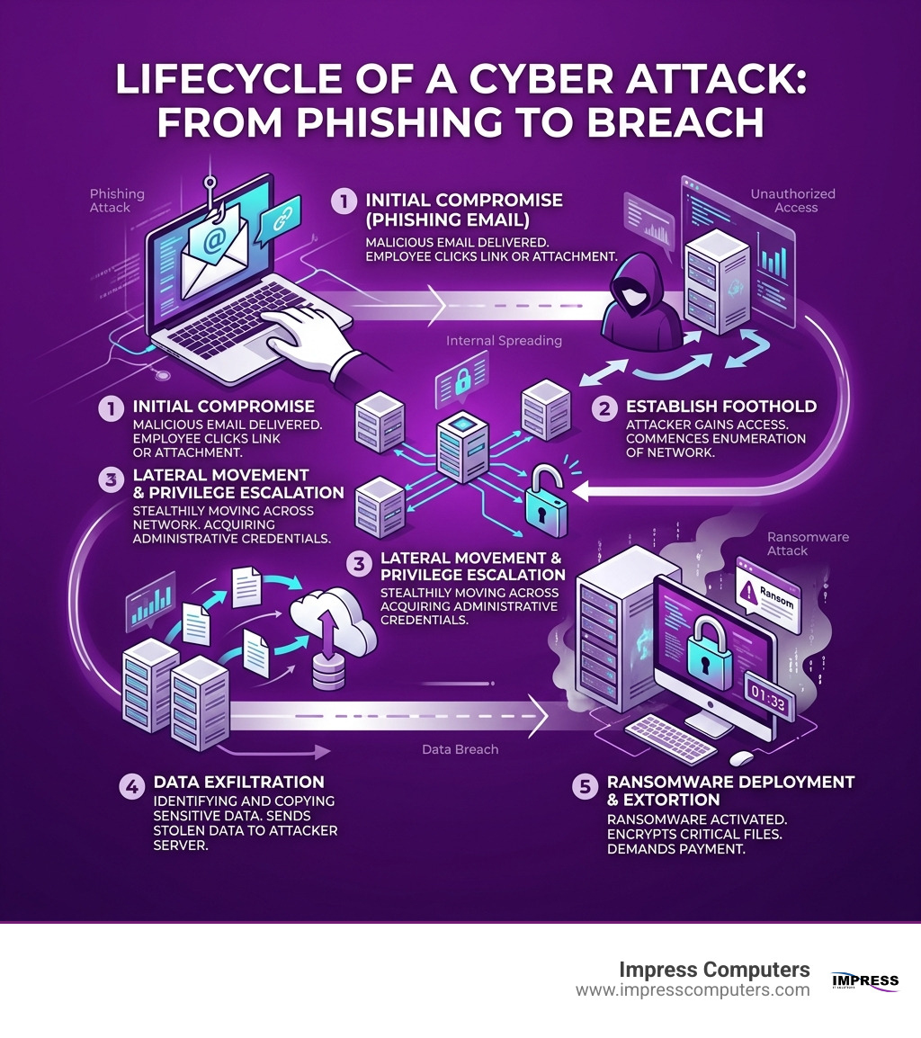 Lifecycle of a cyber attack from initial phishing email to ransomware deployment and data breach - houston managed Lifecycle of a cyber attack from initial phishing email to ransomware deployment and data breach - houston managed