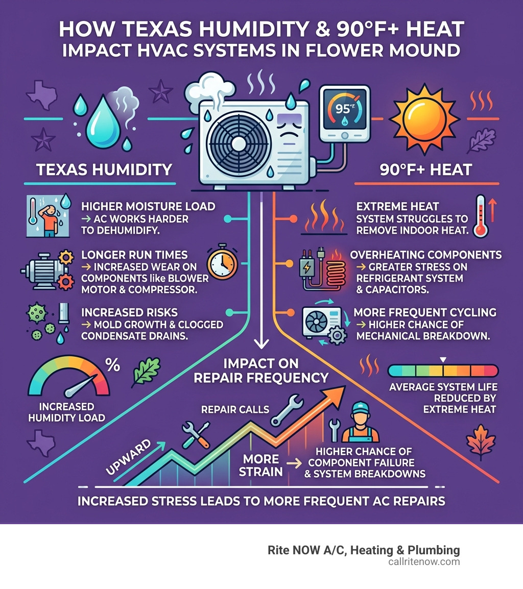 Infographic showing how Texas humidity and 90°F+ heat impact HVAC systems and repair frequency in Flower Mound - ac repair