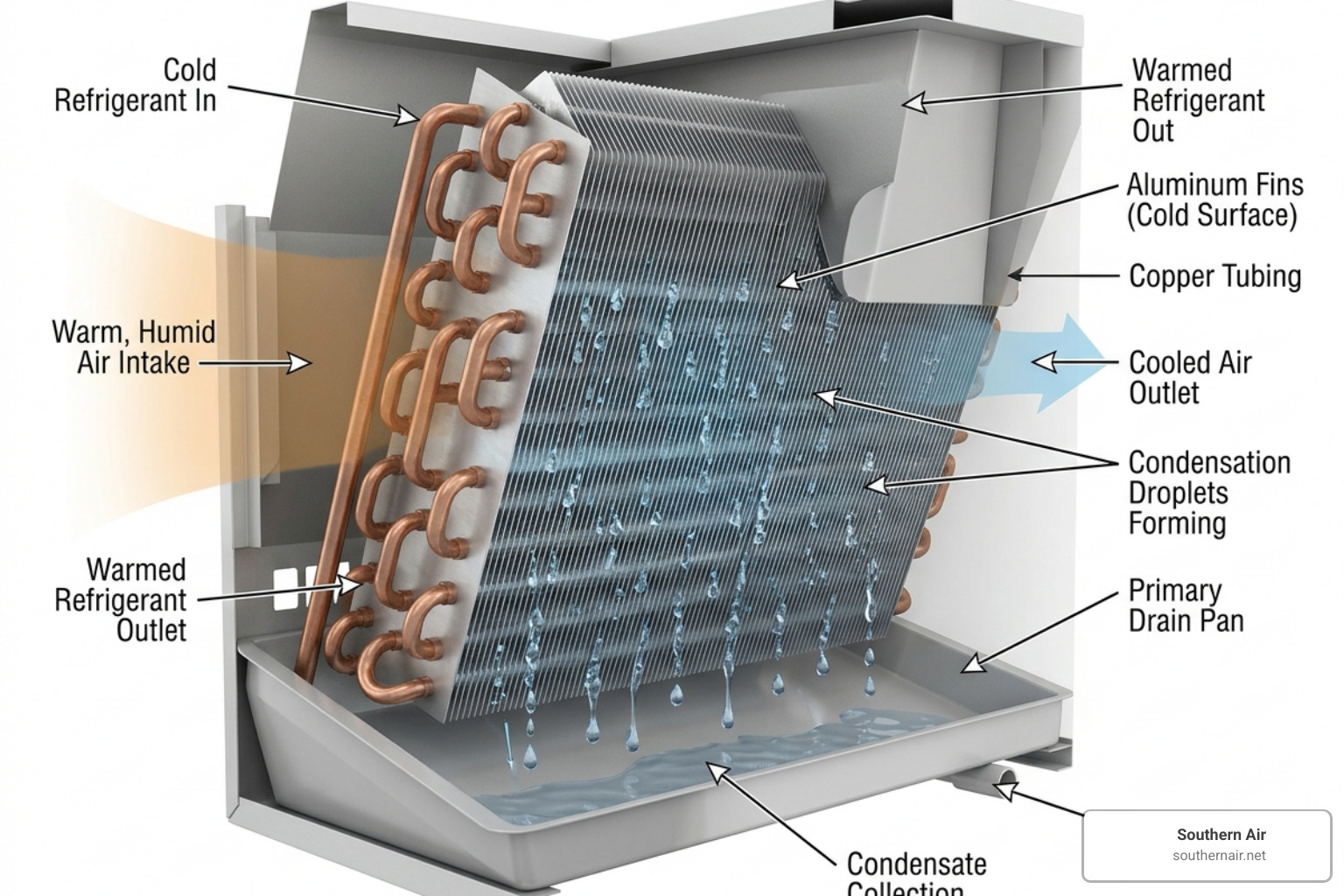 Diagram of an AC evaporator coil and the primary drain pan catching condensation - AC drain line cleaning Diagram of an AC evaporator coil and the primary drain pan catching condensation - AC drain line cleaning