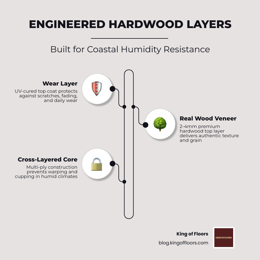 Infographic showing the layers of engineered hardwood and its resistance to coastal humidity - best flooring brands in 2026