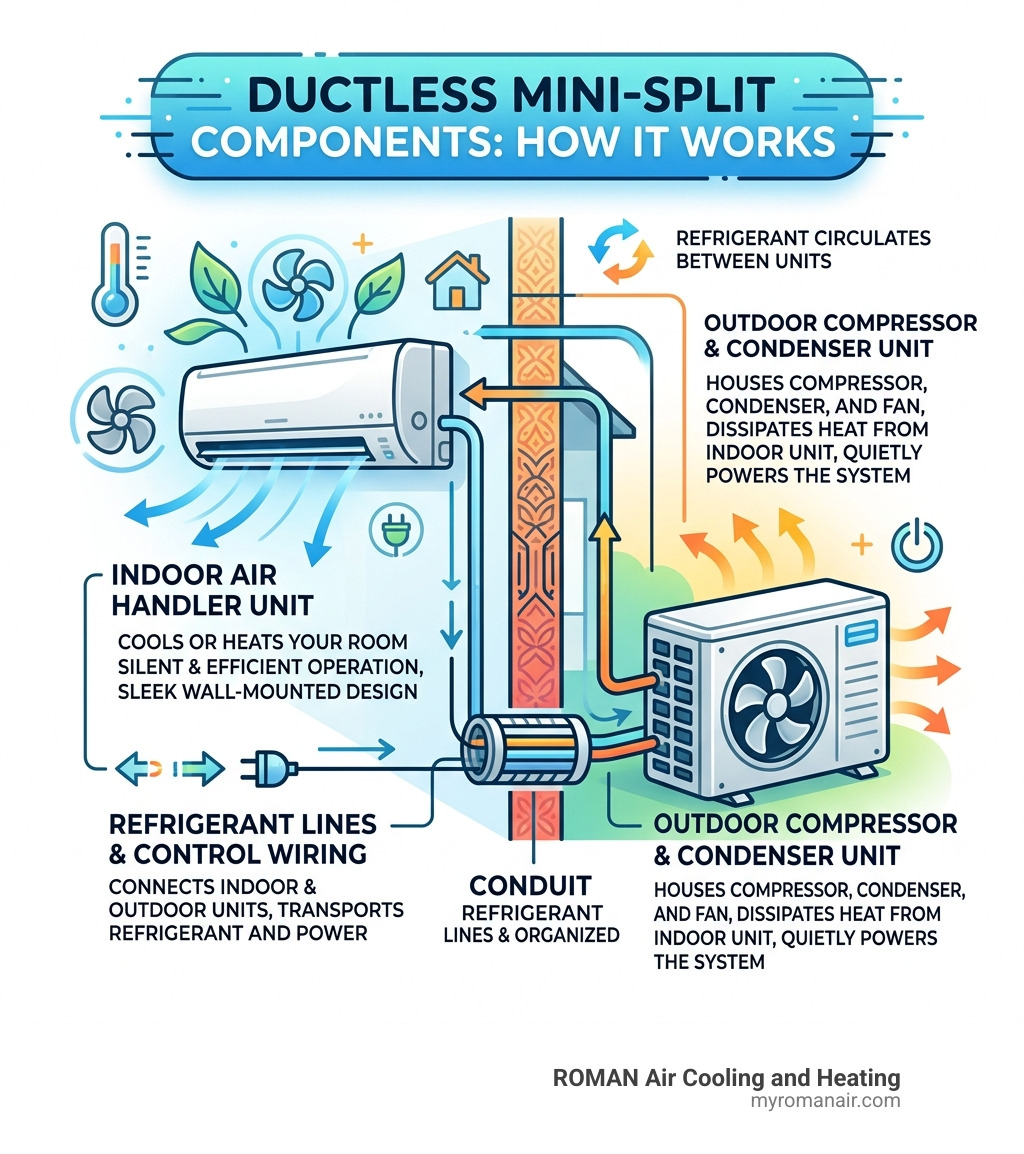 Infographic showing ductless mini-split components: outdoor compressor, indoor air handler, refrigerant lines, and conduit