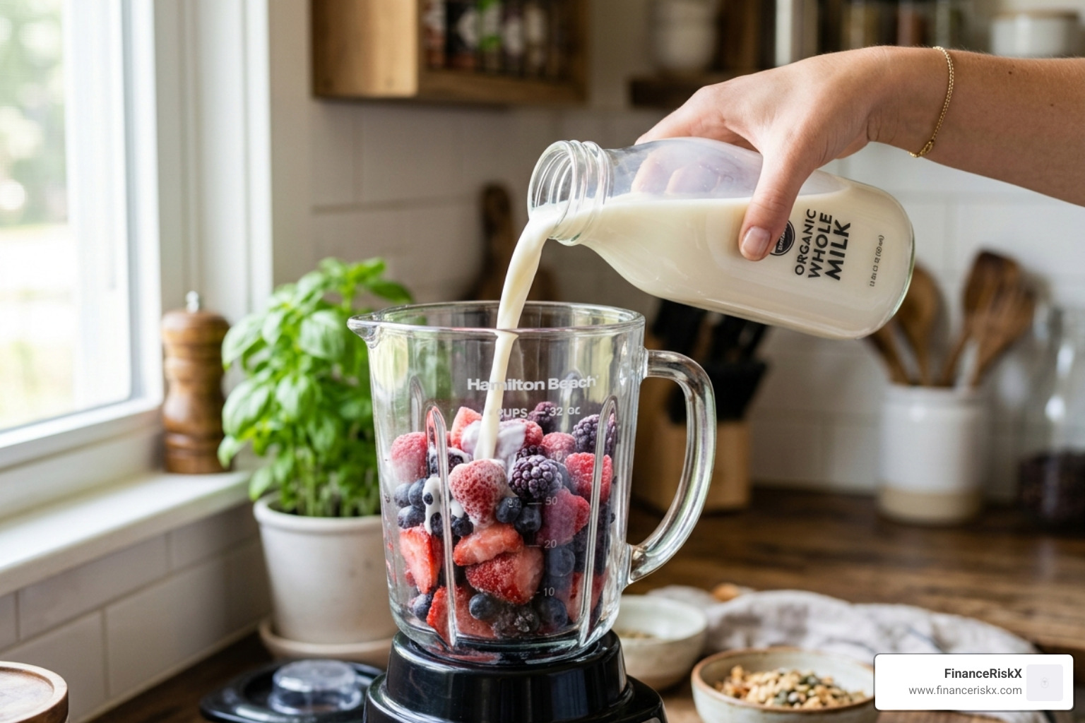 Adding milk and frozen fruit to a blender - how to make smoothies with milk and frozen fruit
