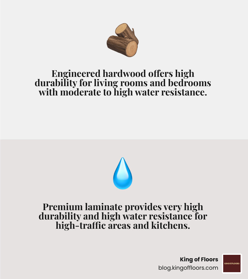 Infographic comparing engineered hardwood vs laminate flooring: durability, cost, water resistance, and best uses - best Infographic comparing engineered hardwood vs laminate flooring: durability, cost, water resistance, and best uses - best