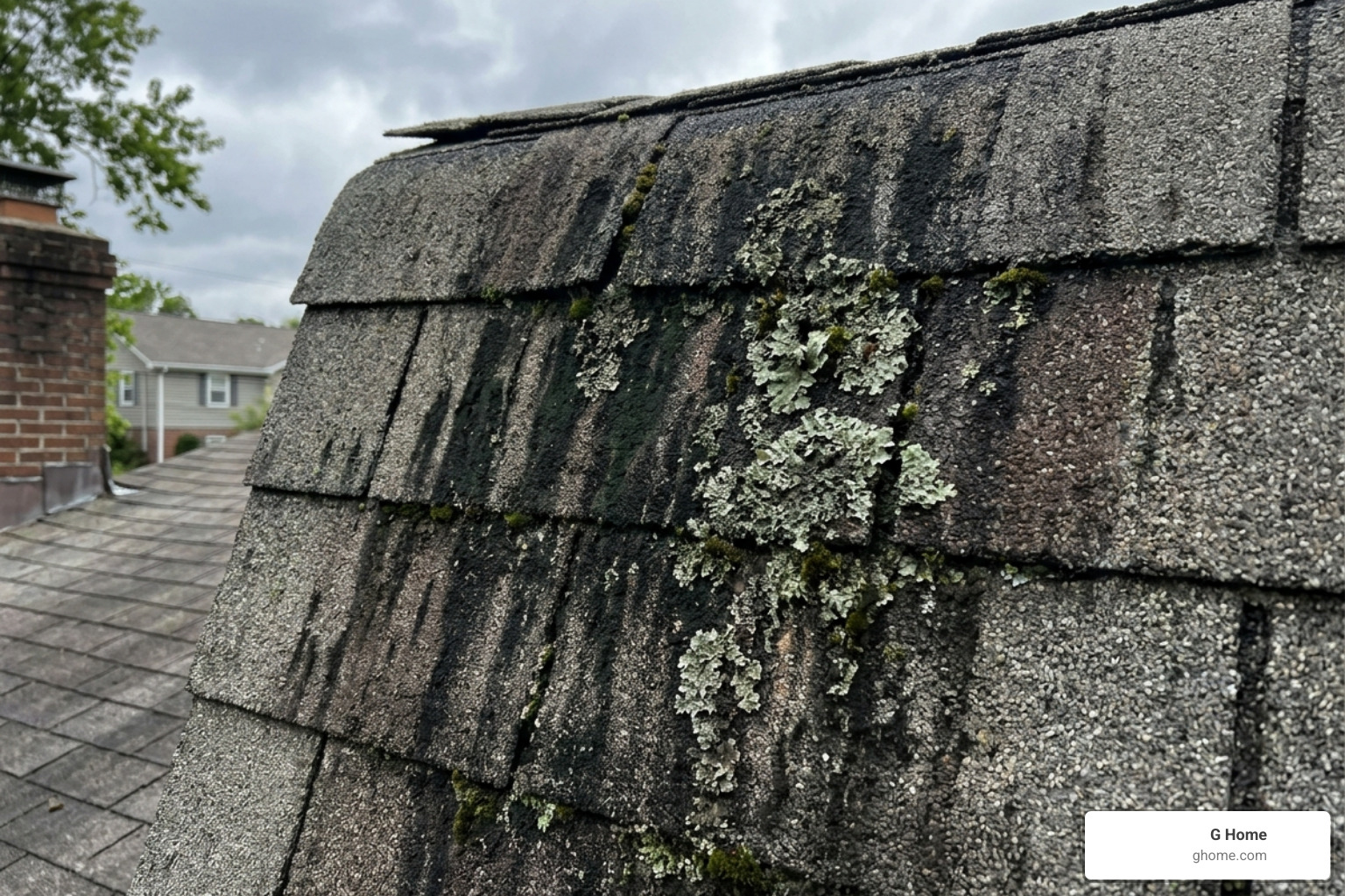 mold and lichen buildup on a Nashville roof - exterior softwash nashville pros