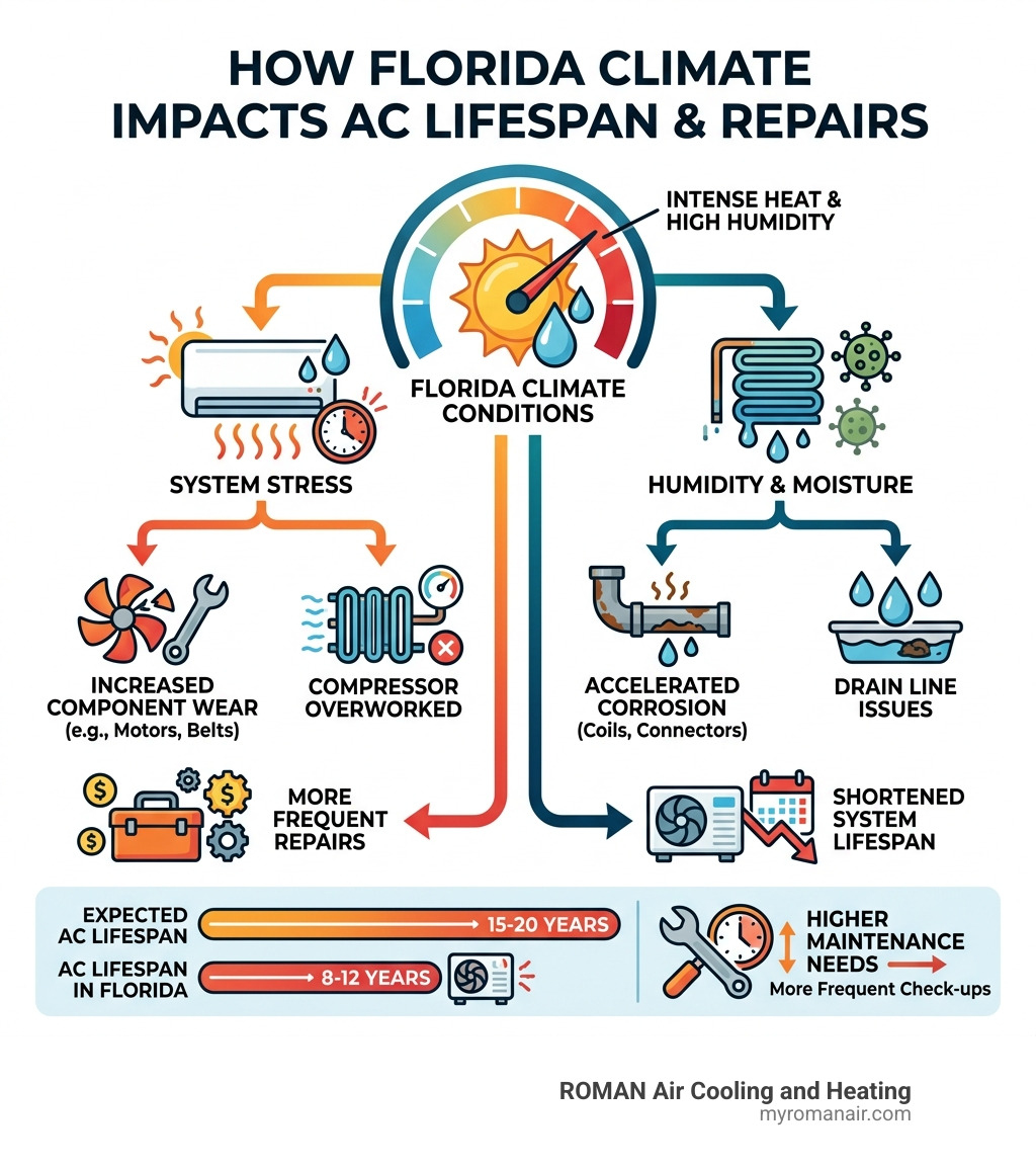 Infographic showing how Florida heat and humidity shorten AC lifespan and increase repair frequency - ac repair clermont