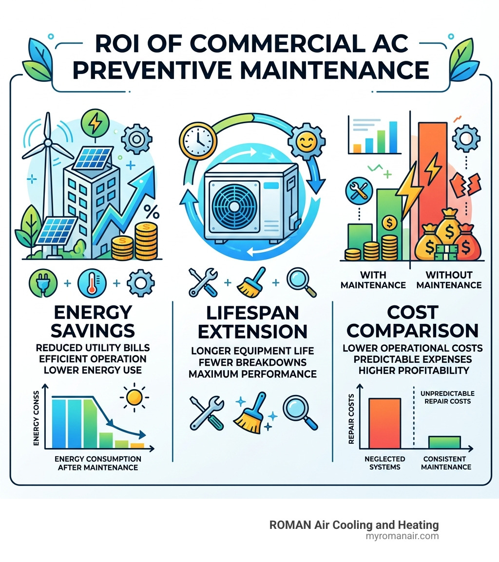 Infographic showing ROI of commercial AC preventive maintenance: energy savings, lifespan extension, and cost comparison