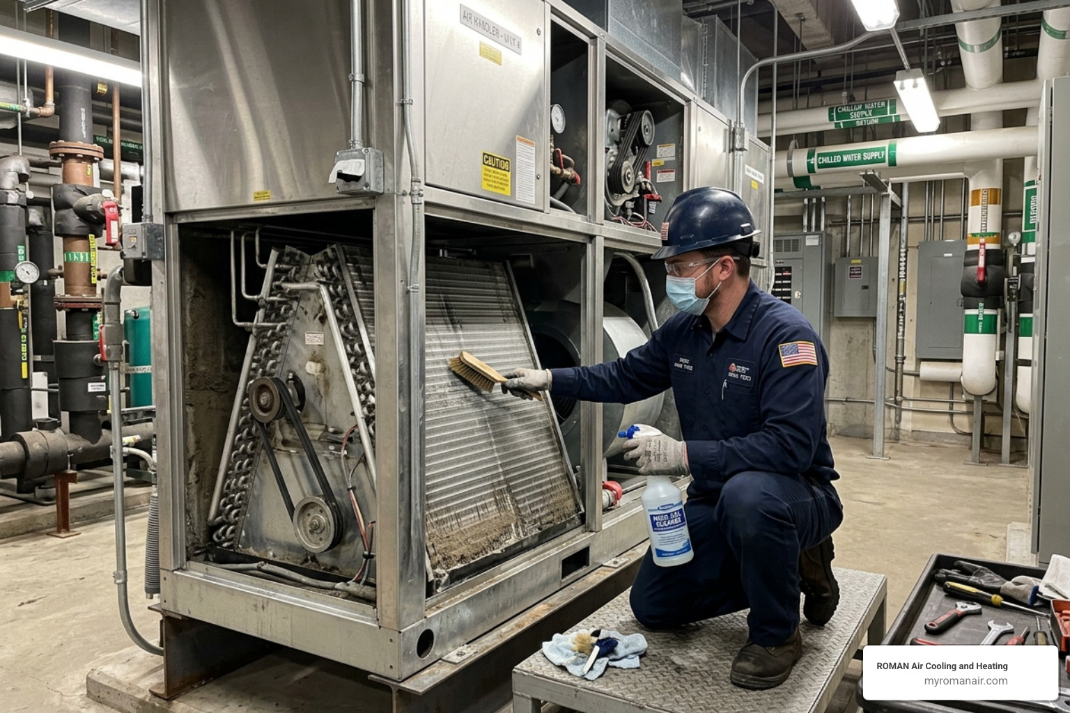 Technician cleaning industrial evaporator coils to improve heat transfer - commercial ac maintenance