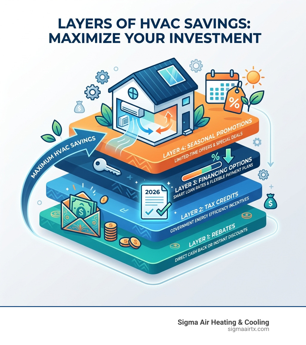 Layers of HVAC savings: rebates, tax credits, financing options, and seasonal promotions - best hvac deals infographic 