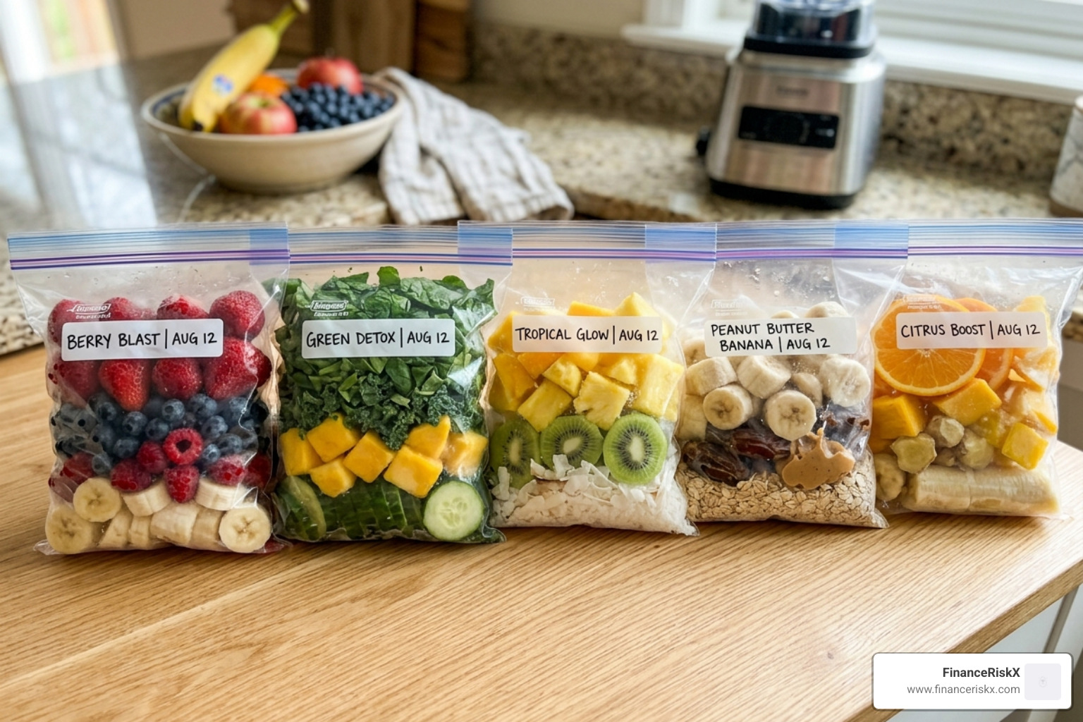 Organized freezer bags with labels and fruit layers - insulated smoothie portion tips