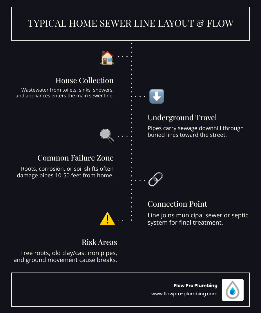 Infographic showing typical home sewer line layout, flow direction, and common failure points - how to know if your sewer Infographic showing typical home sewer line layout, flow direction, and common failure points - how to know if your sewer
