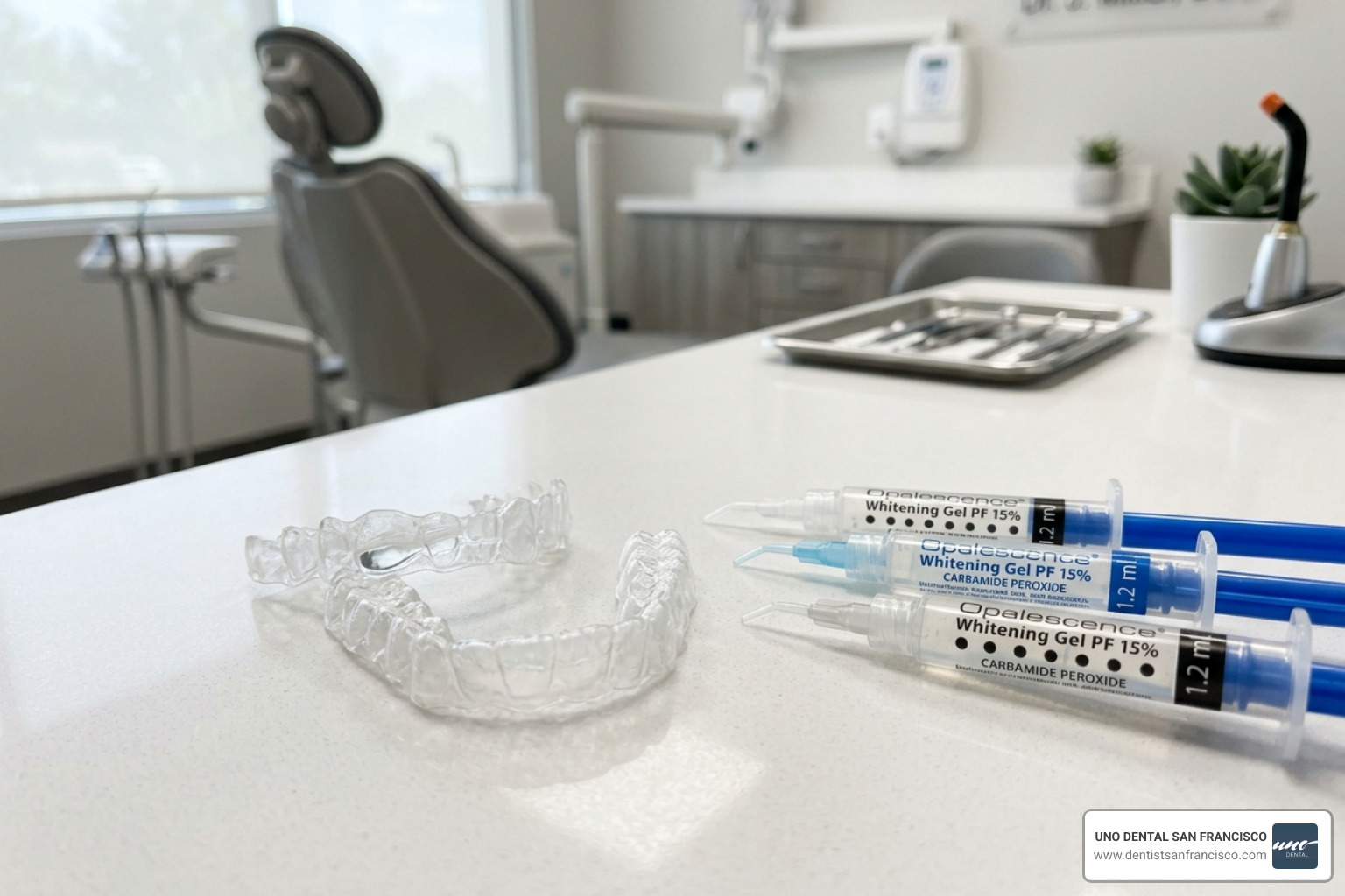 Custom dental trays sitting next to professional whitening gel syringes - take home whitening kit from dentist Custom dental trays sitting next to professional whitening gel syringes - take home whitening kit from dentist
