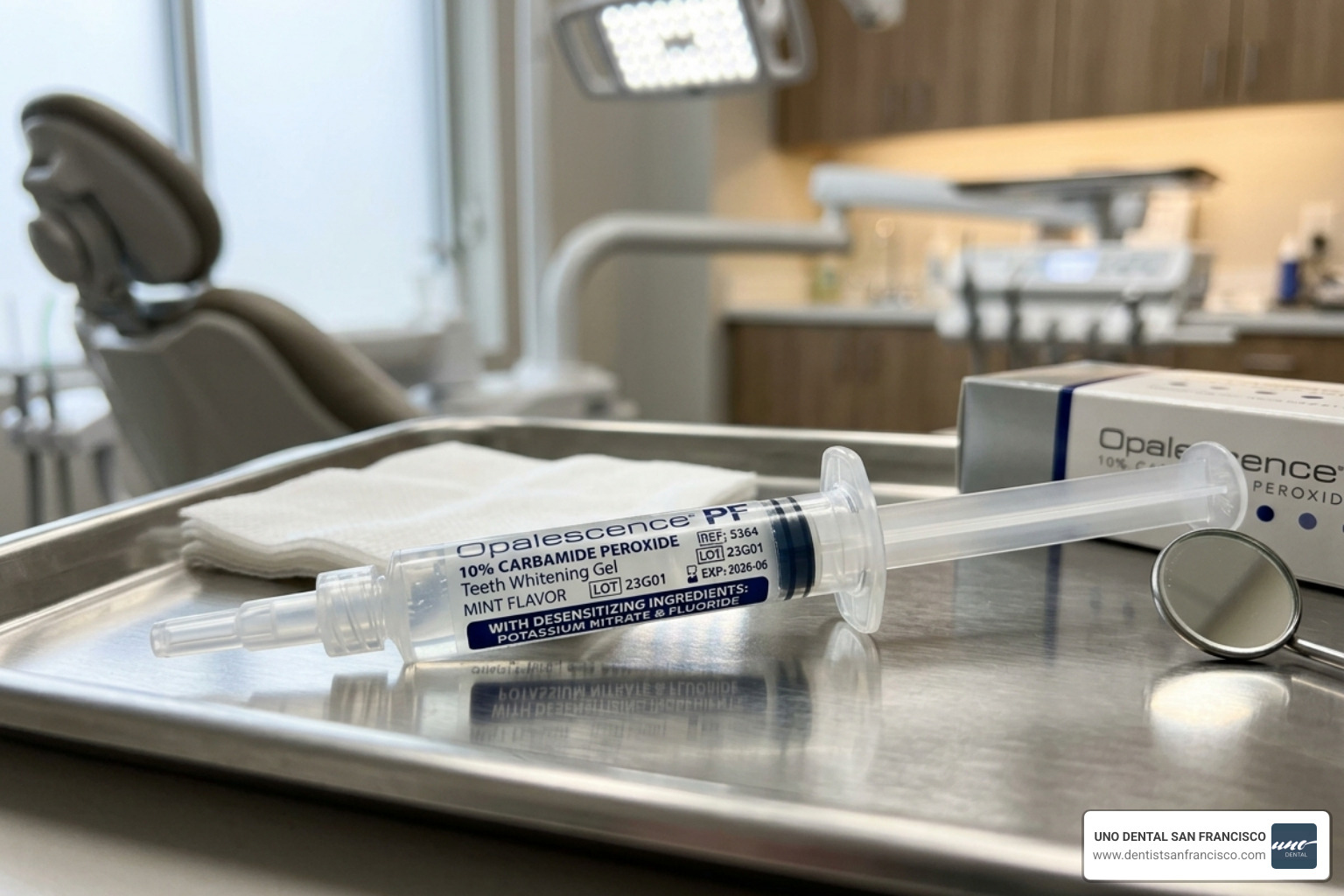 Close up of a whitening gel syringe with desensitizing ingredients highlighted - take home whitening kit from dentist Close up of a whitening gel syringe with desensitizing ingredients highlighted - take home whitening kit from dentist