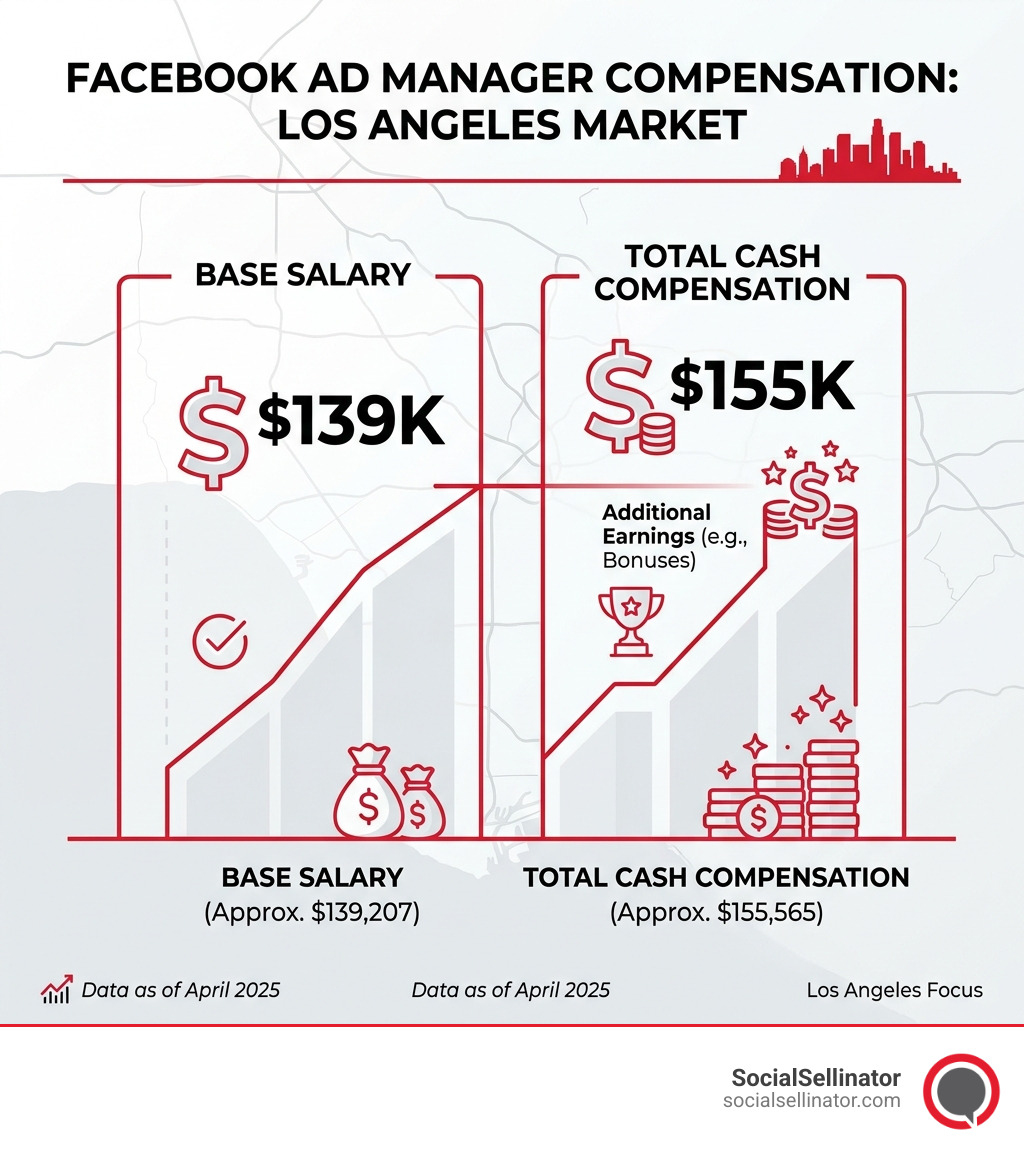 Infographic comparing base salary vs total cash compensation for Facebook Ad Managers in Los Angeles. A breakdown showing