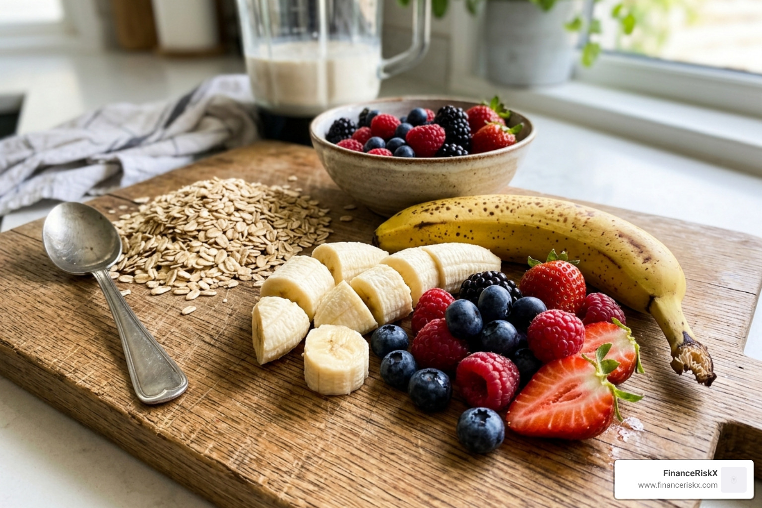 Fresh oats, bananas, and berries ready for blending - oat milk in smoothie