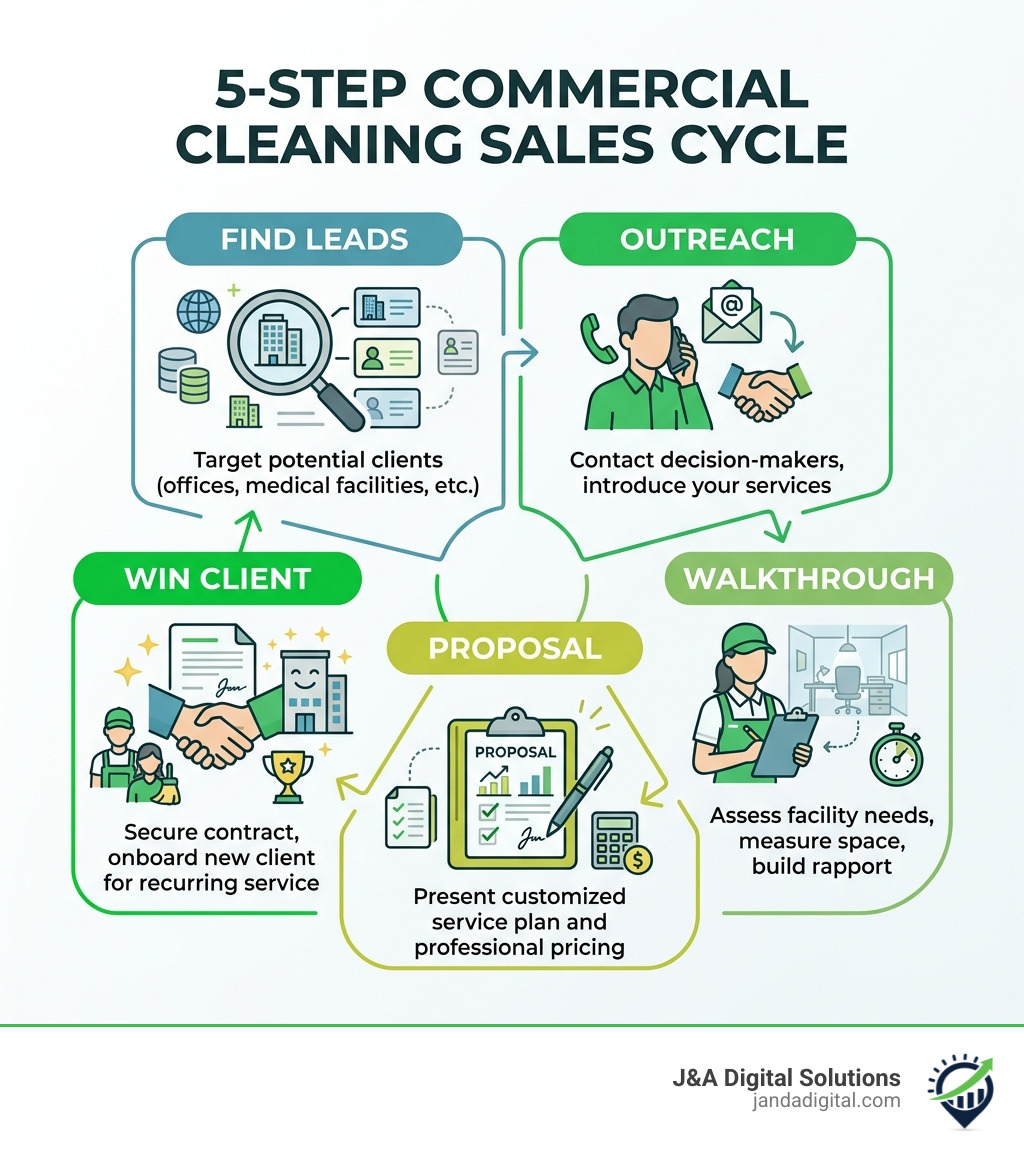 5-step commercial cleaning sales cycle: Find Leads, Outreach, Walkthrough, Proposal, Win Client - how to find clients for