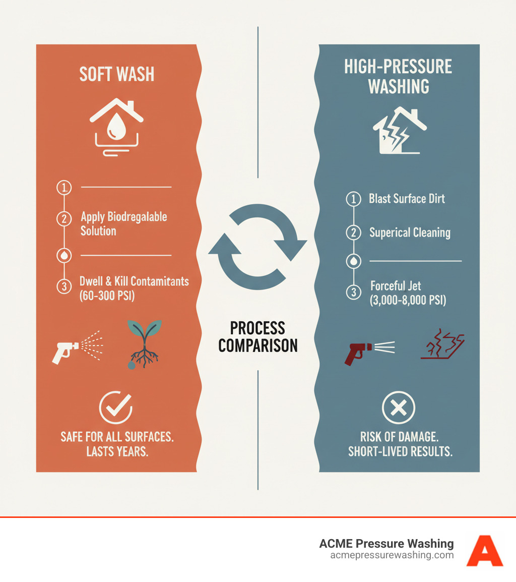 Soft wash process comparison infographic illustrating low-pressure house cleaning benefits and risks of high-pressure washing, featuring icons for cleaning methods, application steps, and safety information, branded with ACME Pressure Washing logo.