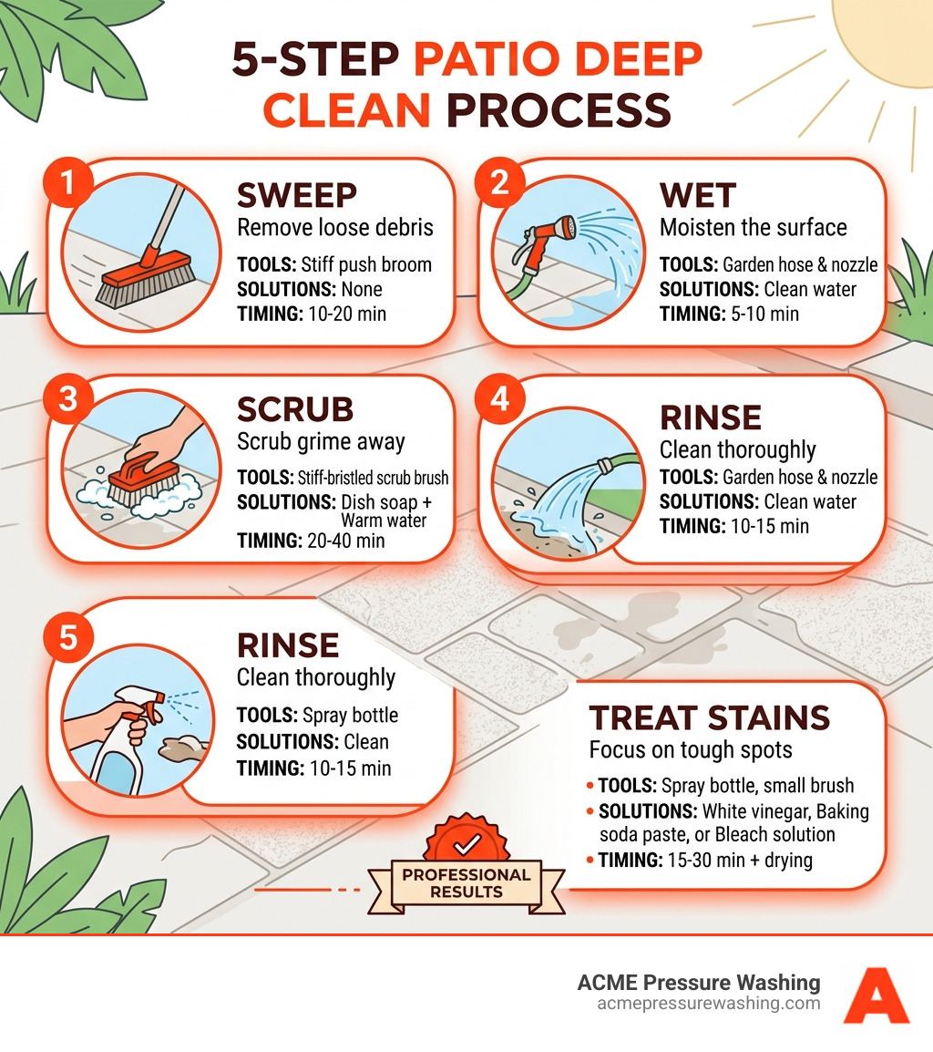 5-step patio deep clean process with tools, solutions, and timing for each stage - best way to clean patios infographic 