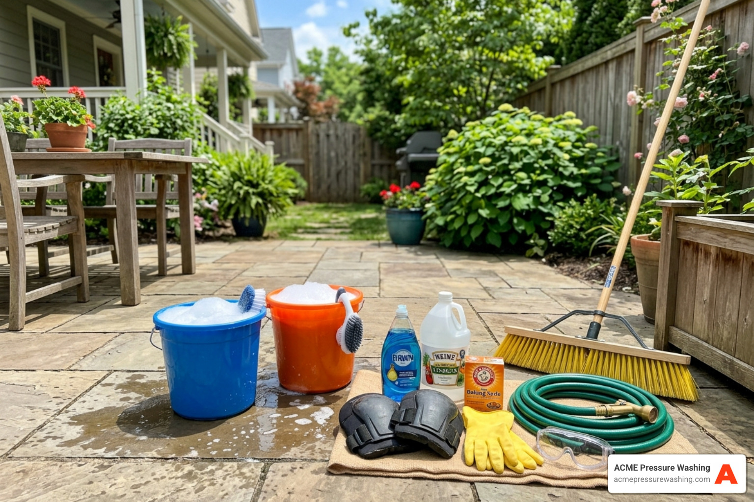cleaning supplies like brushes, buckets, and solutions ready for a patio refresh - best way to clean patios