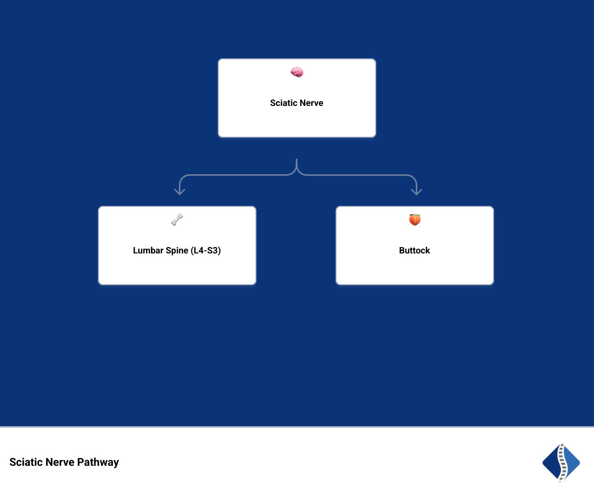 Infographic showing the sciatic nerve pathway from lumbar spine L4-S3 through the buttock, down the back of the leg to the Infographic showing the sciatic nerve pathway from lumbar spine L4-S3 through the buttock, down the back of the leg to the