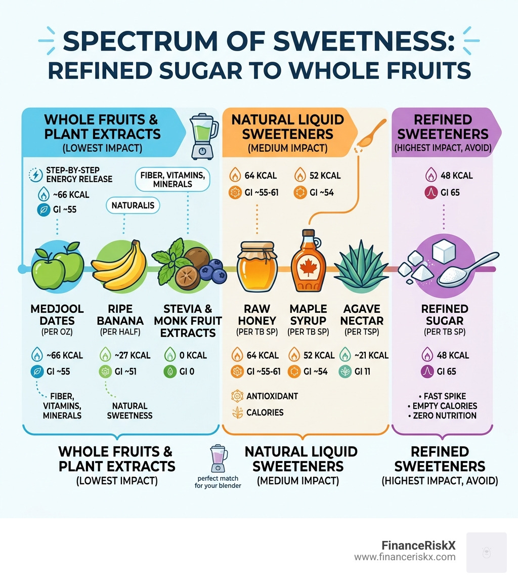 Spectrum of sweetness from refined sugar to whole fruits, with GI and calorie comparisons - sweetener for smoothies