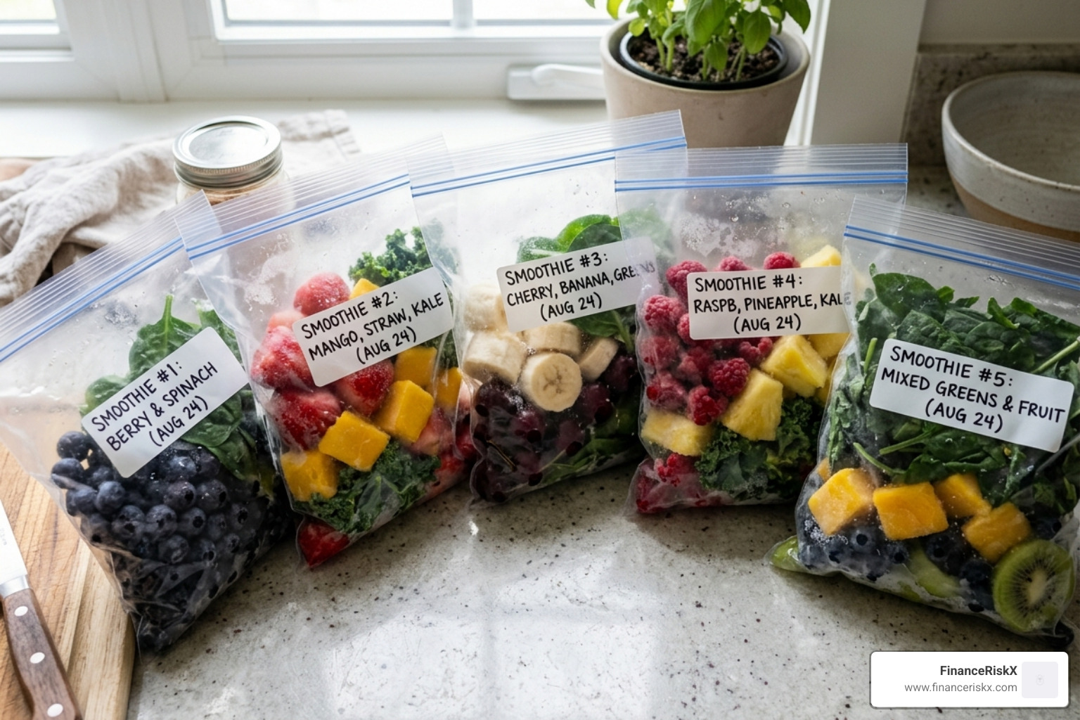 pre-portioned freezer bags with fruits and greens - homemade smoothie portion tips