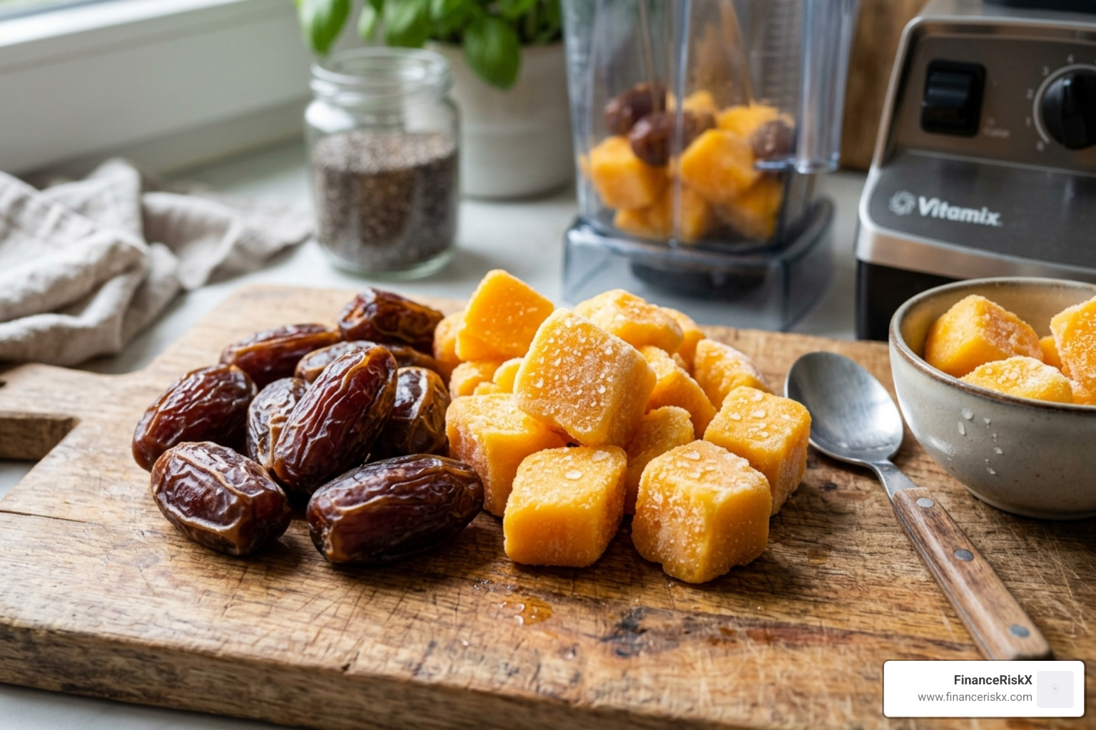 Medjool dates and frozen mango chunks ready for blending - best smoothie sweetener