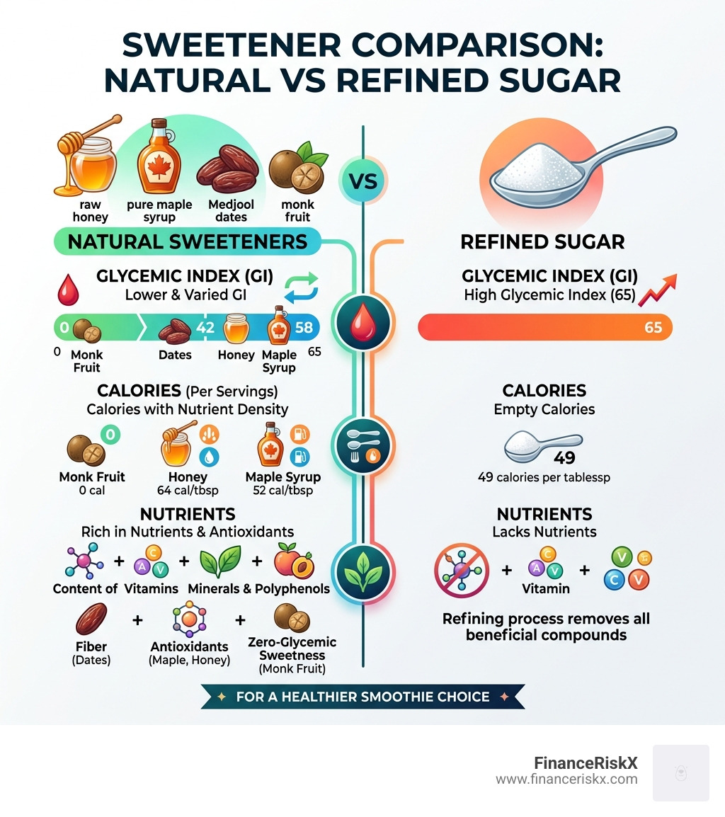 Comparison infographic: natural sweeteners vs refined sugar - glycemic index, calories, and nutrients - best smoothie