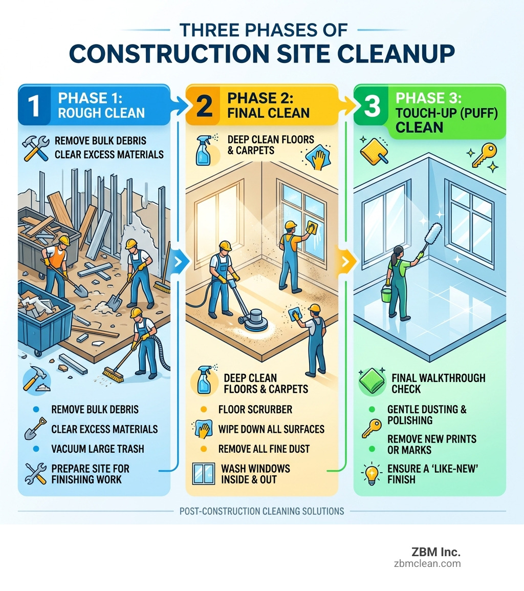 Three phases of construction site cleanup: rough clean, final clean, and touch-up puff clean - cleaners for construction Three phases of construction site cleanup: rough clean, final clean, and touch-up puff clean - cleaners for construction