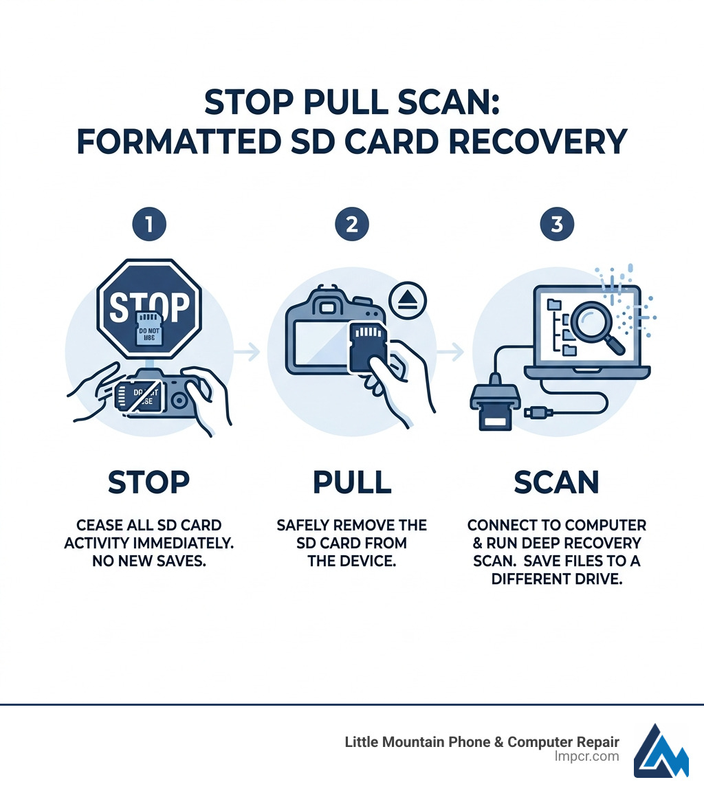 Stop Pull Scan recovery workflow infographic for formatted SD card recovery - accidentally formatted sd card infographic 