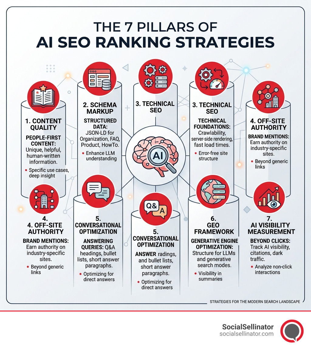 AI SEO ranking strategies infographic showing the 7 key pillars: content quality, schema markup, technical SEO, off-site; Metadata: AI SEO Ecosystem Infographic