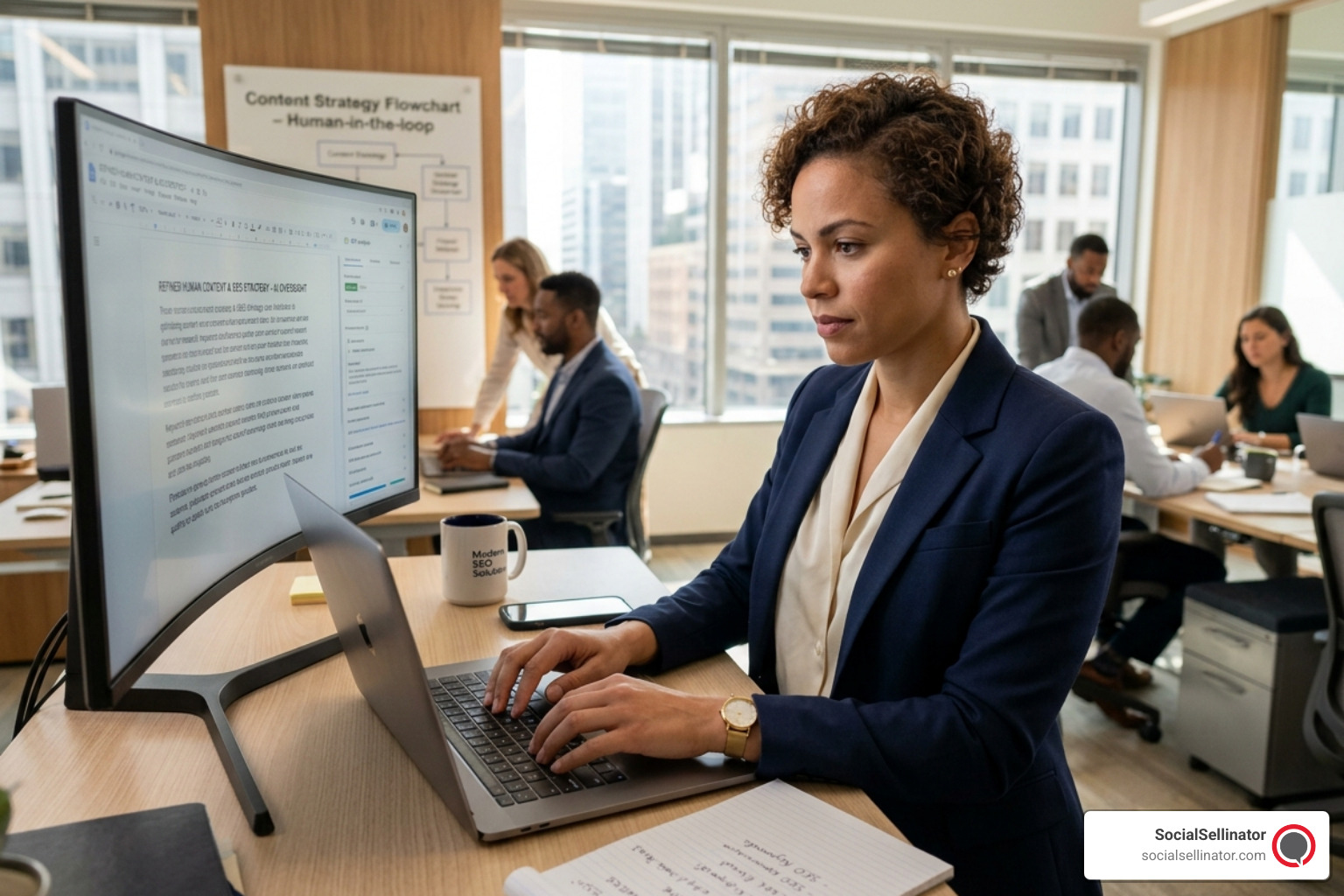A person writing high-quality, people-first content on a laptop representing the human oversight needed in AI SEO; Metadata: Human Oversight in AI SEO