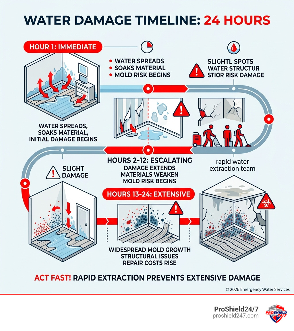 24-hour water damage timeline showing escalating damage from flooding to mold growth - rapid water extraction team 24-hour water damage timeline showing escalating damage from flooding to mold growth - rapid water extraction team