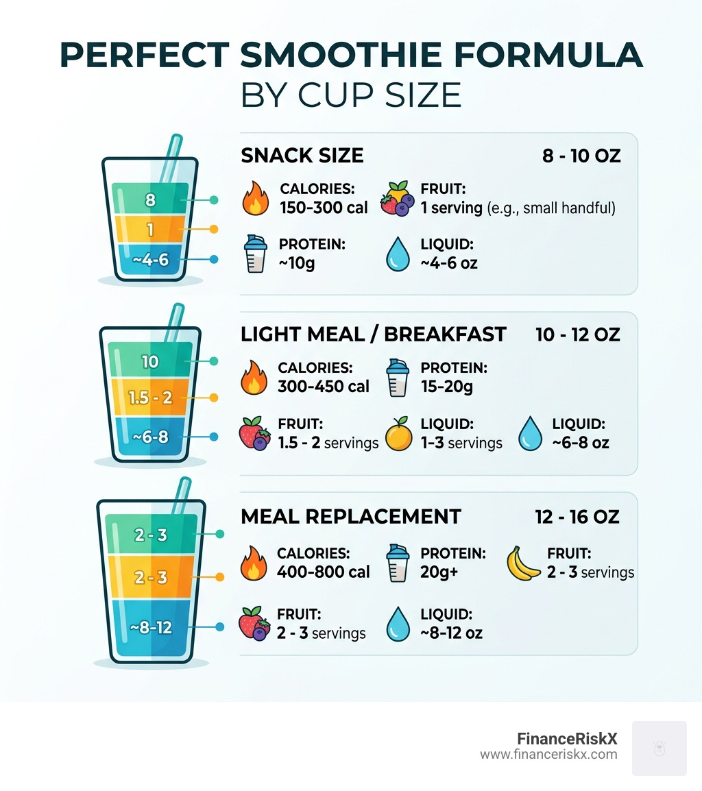 Infographic: Perfect Smoothie Formula by cup size showing calories, protein, fruit, and liquid amounts - nutritionist