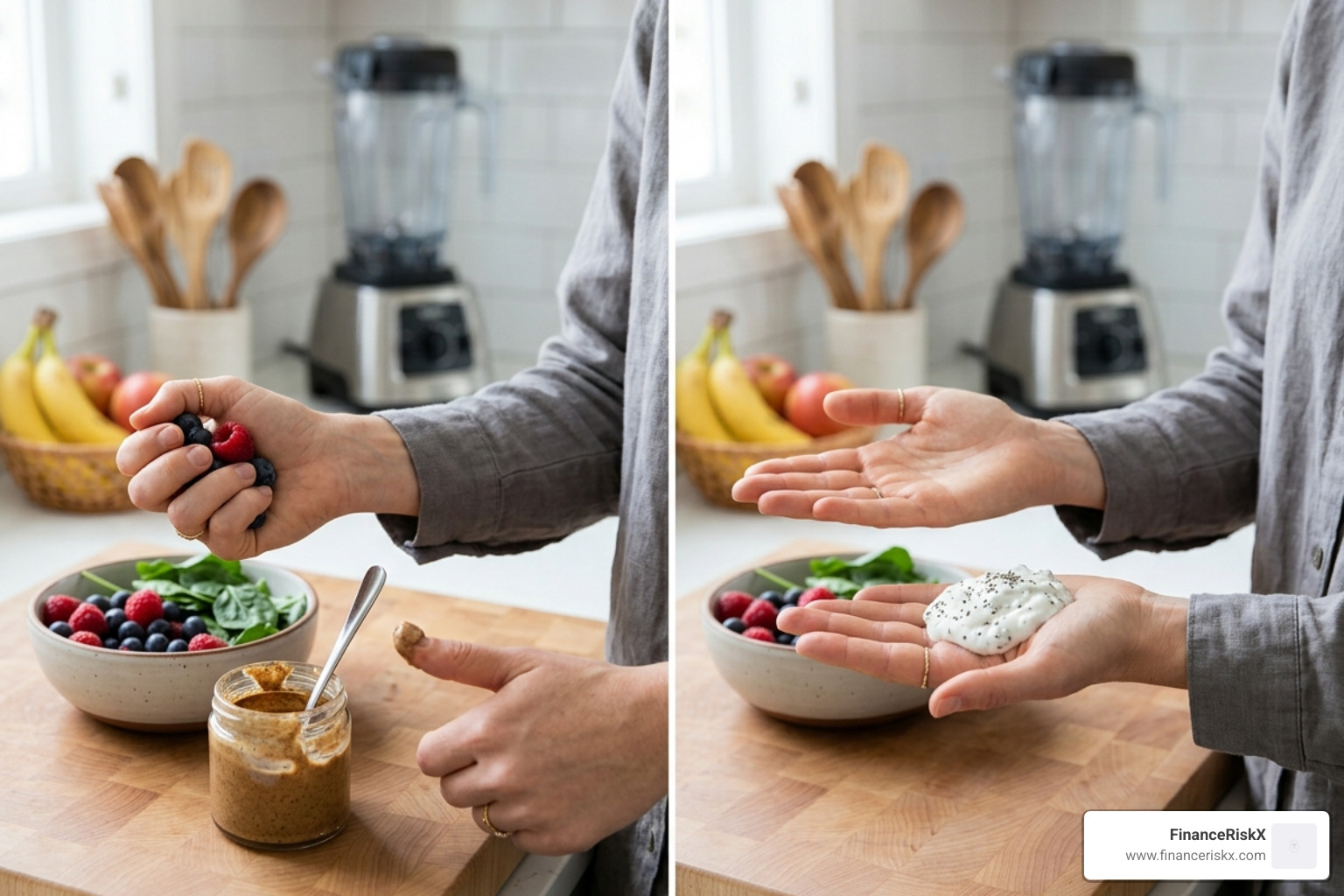 Graphic showing hand portion guides: fist for fruit, thumb for fats, palm for protein - nutritionist smoothie cup size