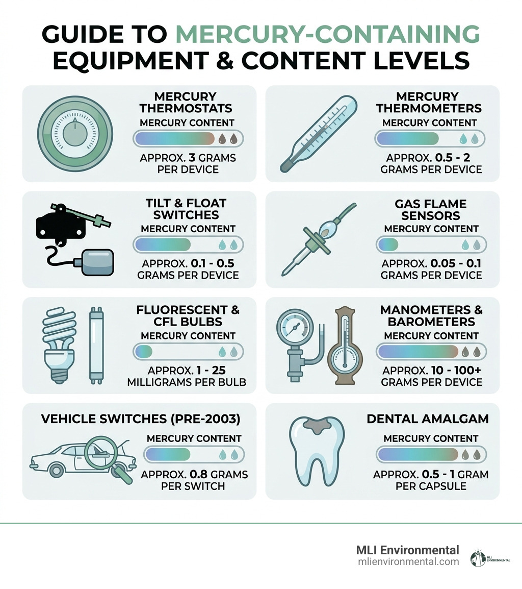 infographic showing types of mercury containing equipment and their mercury content levels - mercury containing equipment infographic showing types of mercury containing equipment and their mercury content levels - mercury containing equipment