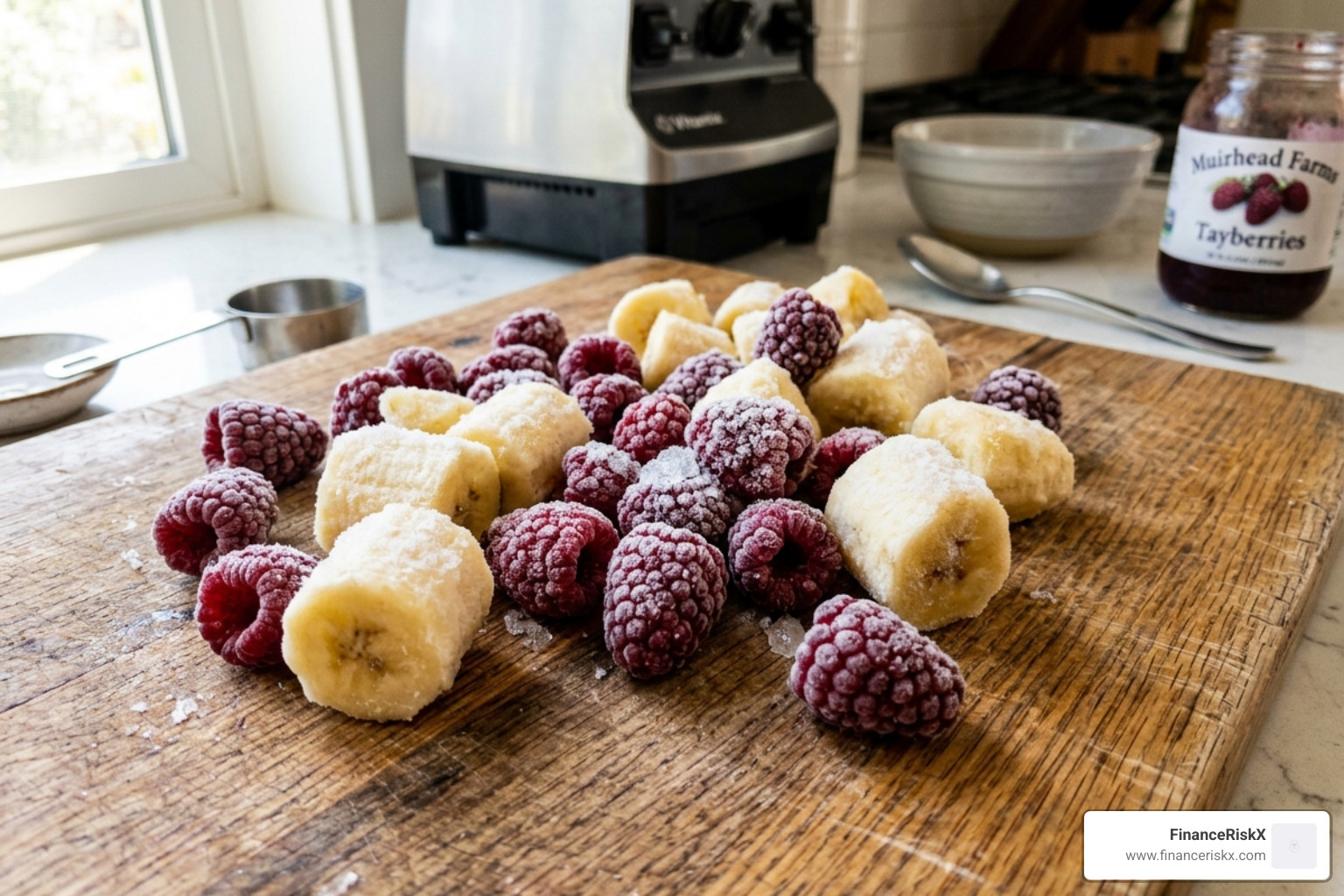 frozen tayberries and banana chunks ready for blending - thick tayberry smoothie bowl